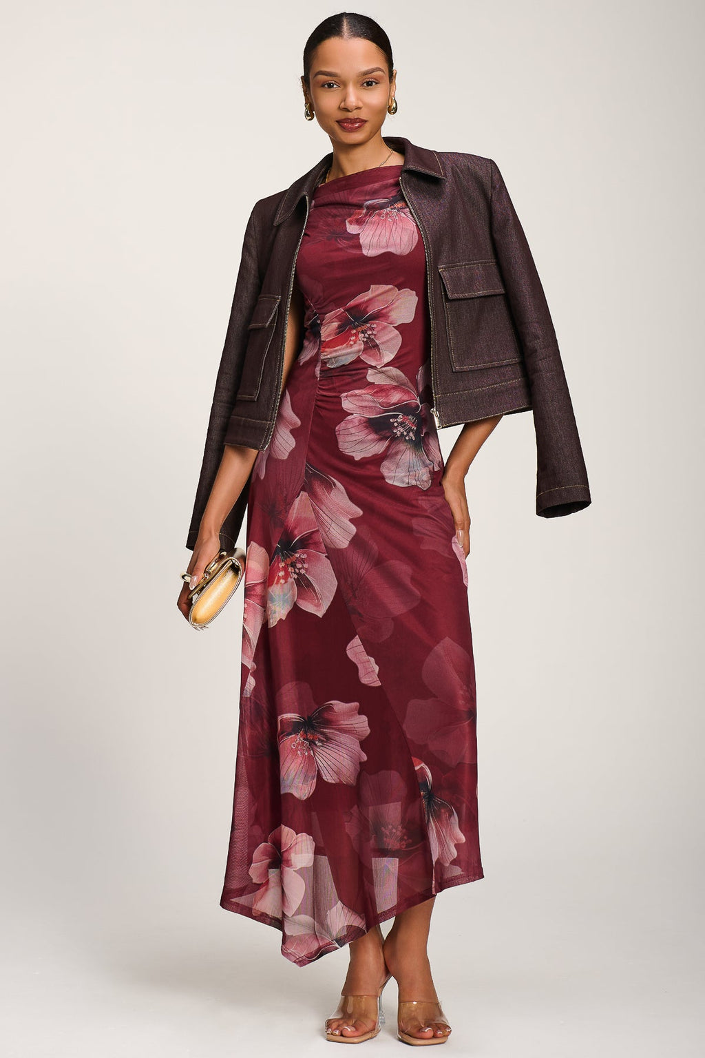Asymmetric Draped Mesh Maxi Dress, Burgundy Floral for Women - gallery