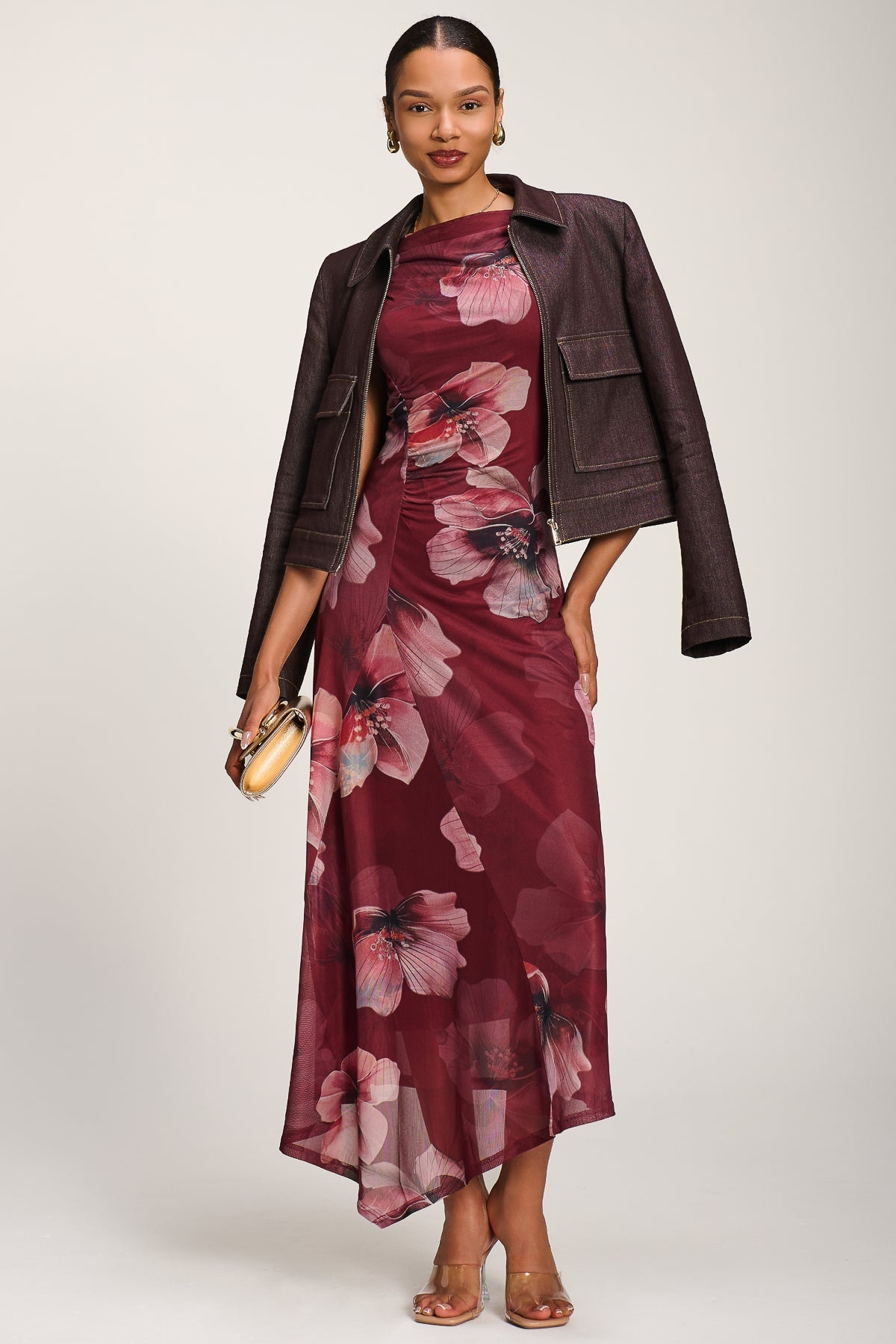 Asymmetric Draped Mesh Maxi Dress, Burgundy Floral for Women - gallery