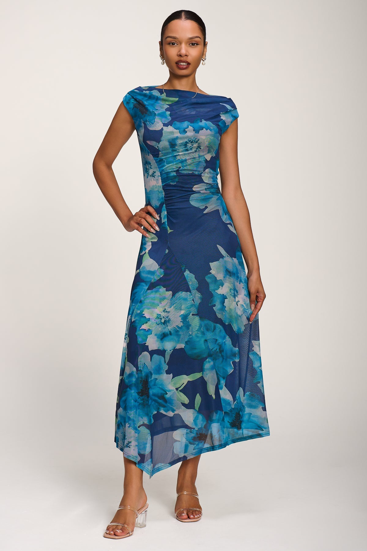 Asymmetric Draped Mesh Midaxi Dress, Blue Floral for Women