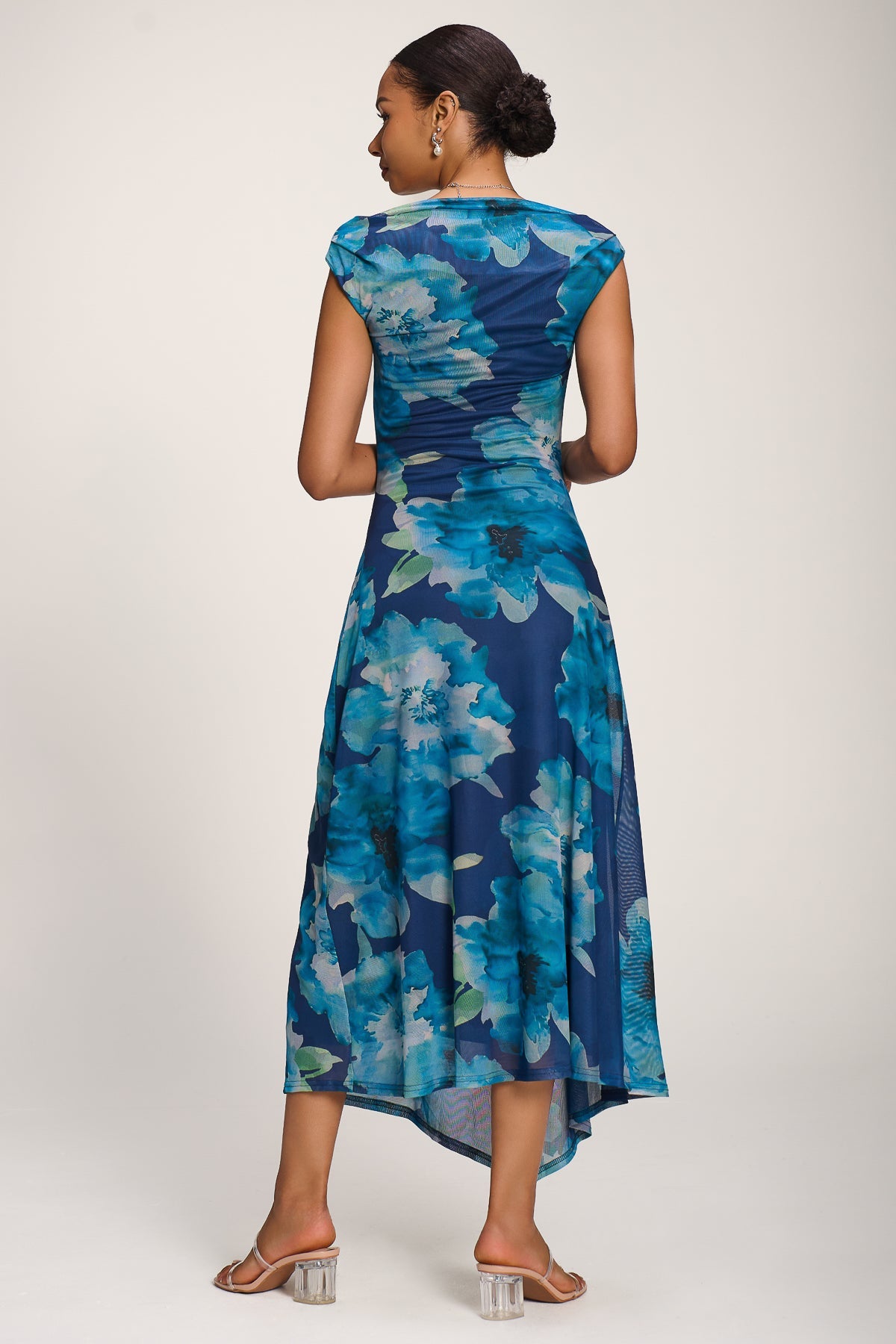 Asymmetric Draped Mesh Midaxi Dress, Blue Floral for Women - gallery