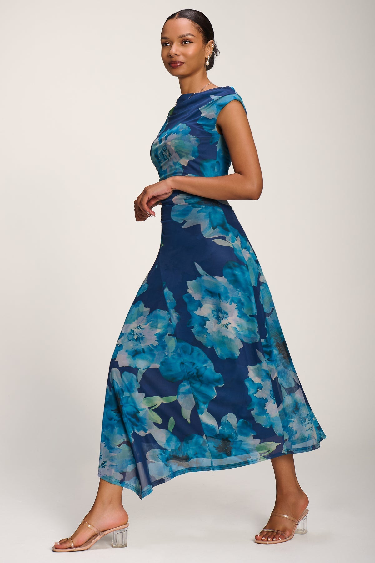 Asymmetric Draped Mesh Midaxi Dress, Blue Floral for Women - gallery