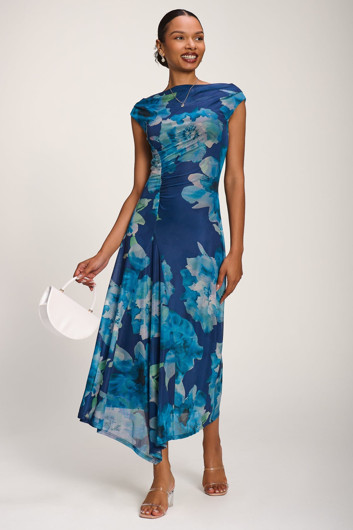 Asymmetric Draped Mesh Midaxi Dress, Blue Floral for Women - gallery