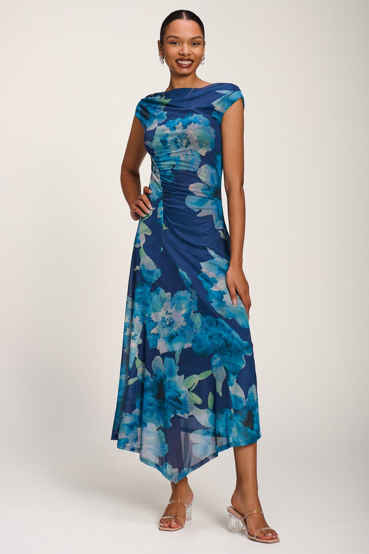 Asymmetric Draped Mesh Midaxi Dress, Blue Floral for Women - gallery