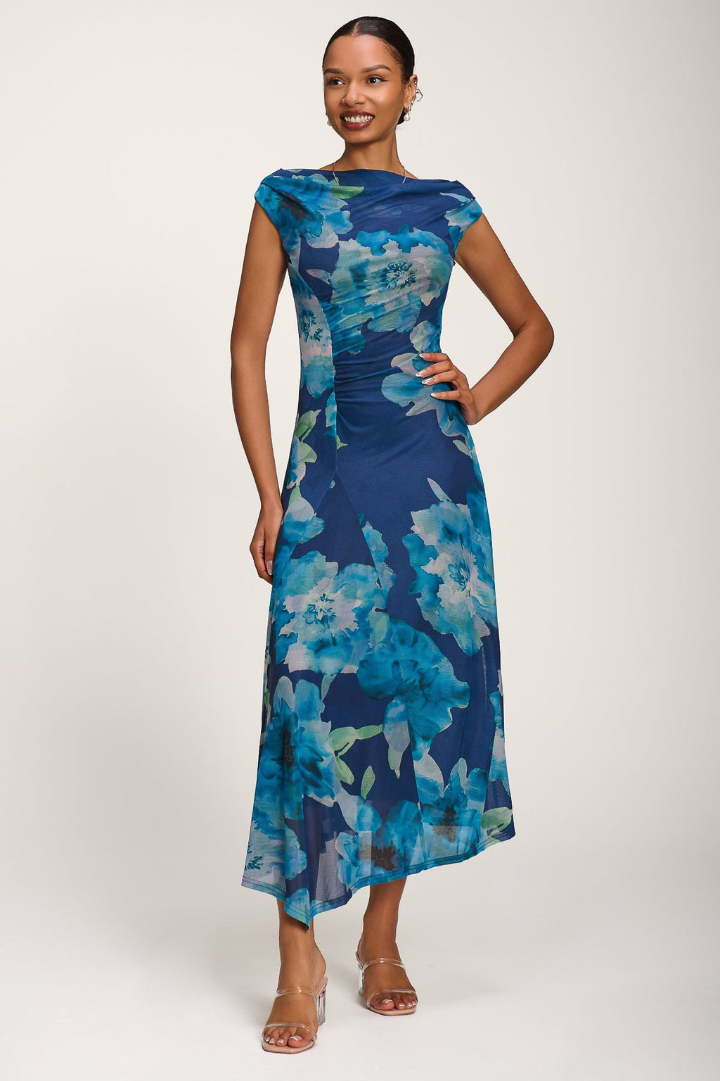 Asymmetric Draped Mesh Midaxi Dress, Blue Floral for Women - gallery