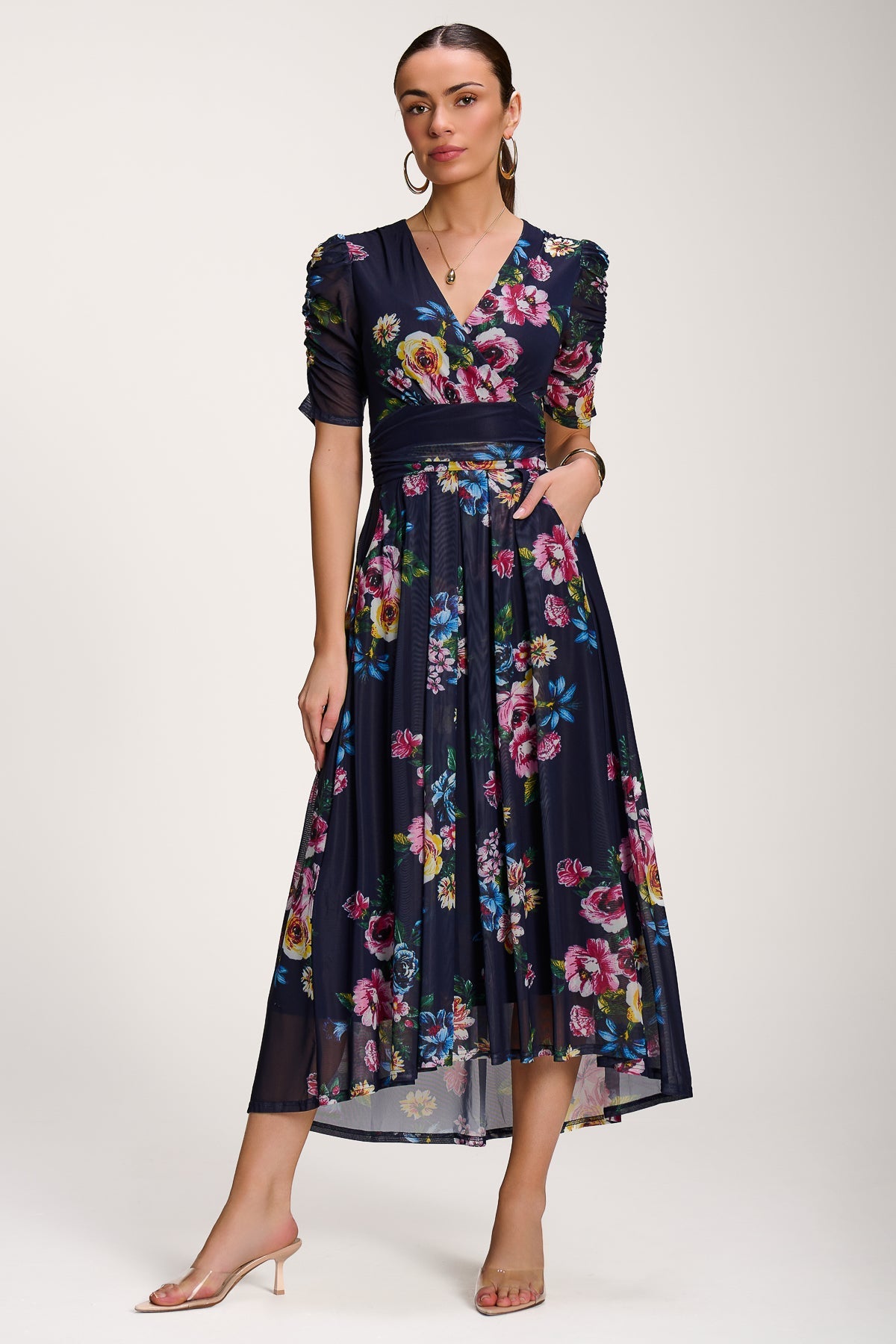Floral Print Mesh Maxi Dress, Navy for Women