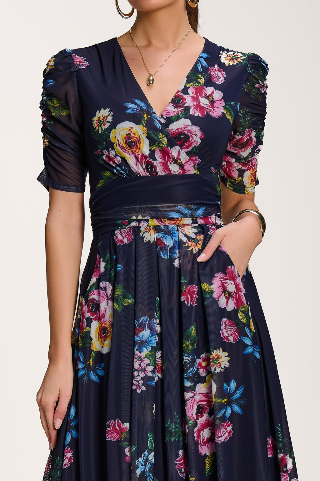 Floral Print Mesh Maxi Dress, Navy for Women - gallery