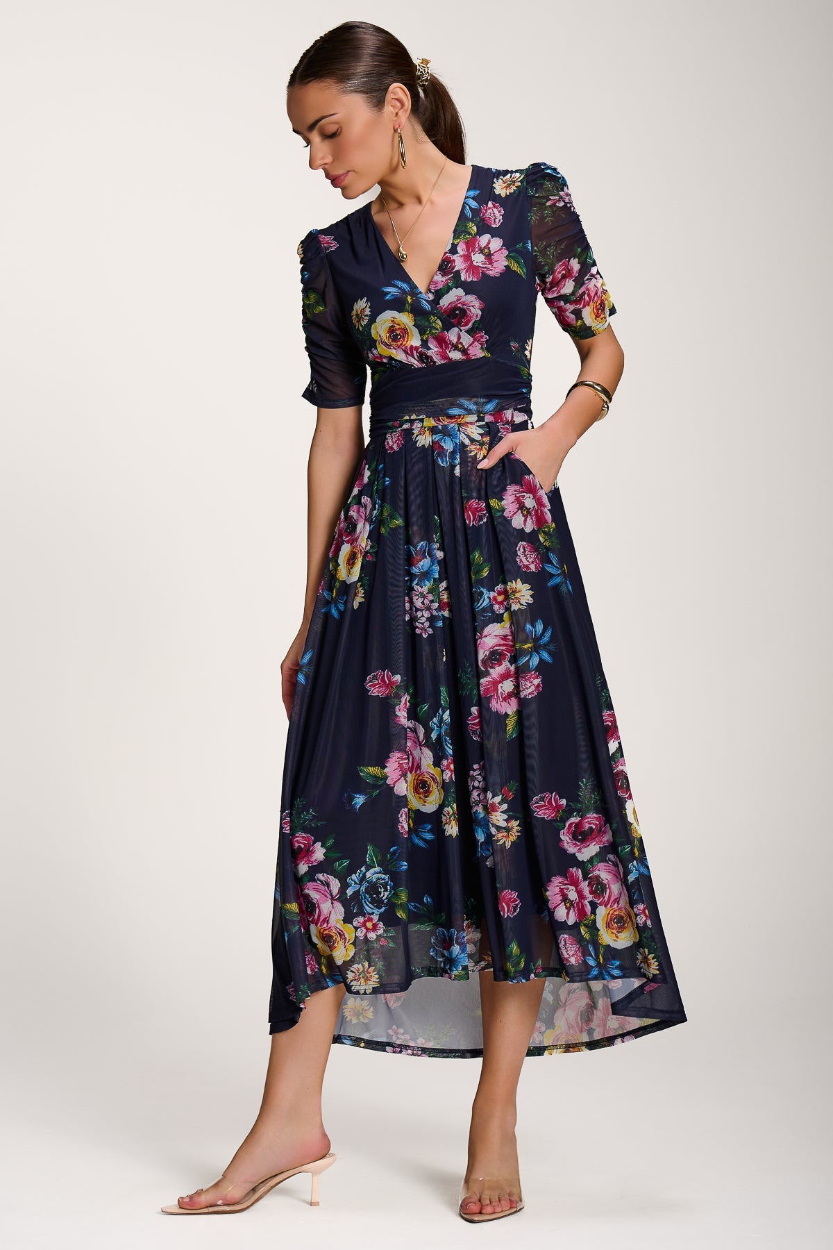 Floral Print Mesh Maxi Dress, Navy for Women - gallery