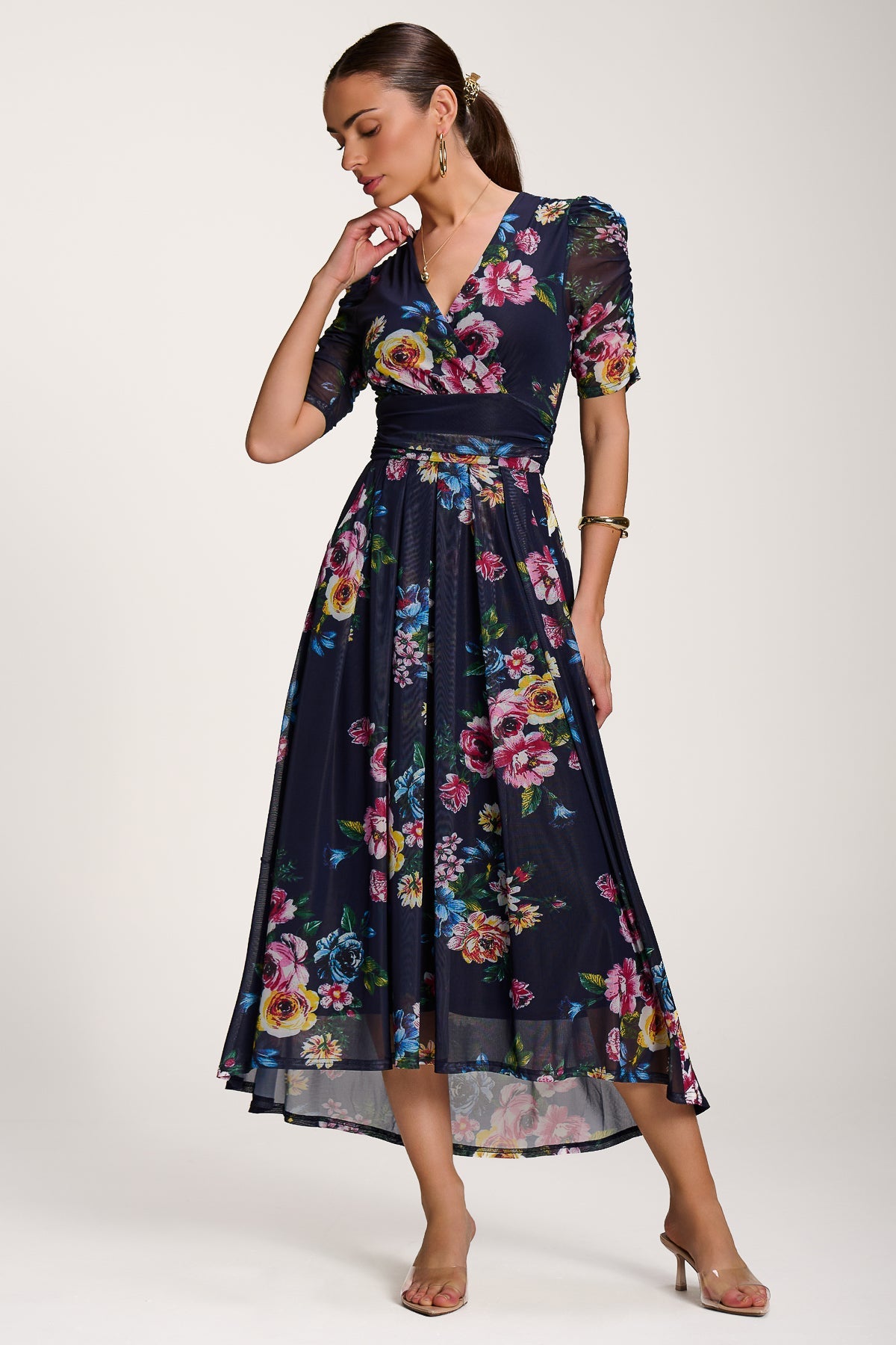Floral Print Mesh Maxi Dress, Navy for Women - gallery