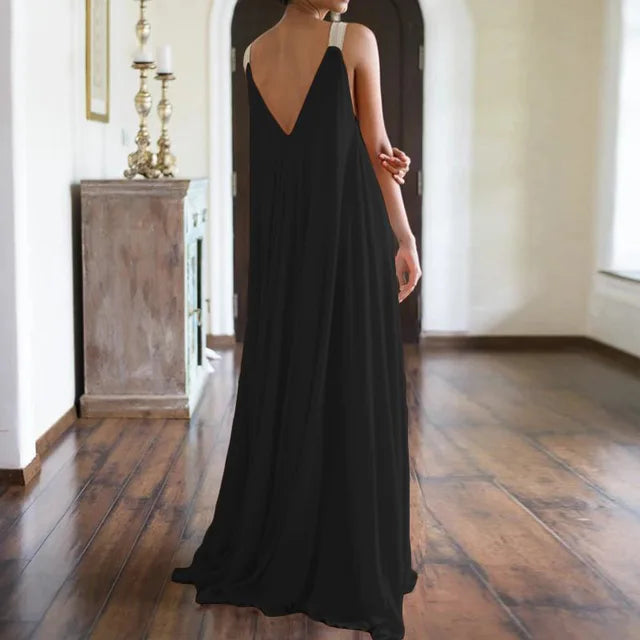 Chloë - Women's Summer Boho Maxi Dress, Sleeveless V-Neck, Solid Color, Relaxed Fit