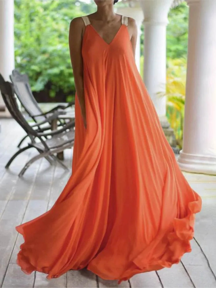 Chloë - Women's Summer Boho Maxi Dress, Sleeveless V-Neck, Solid Color, Relaxed Fit