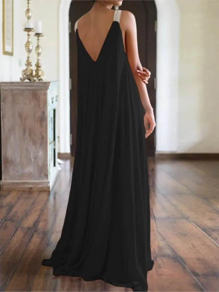 Chloë - Women's Summer Boho Maxi Dress, Sleeveless V-Neck, Solid Color, Relaxed Fit