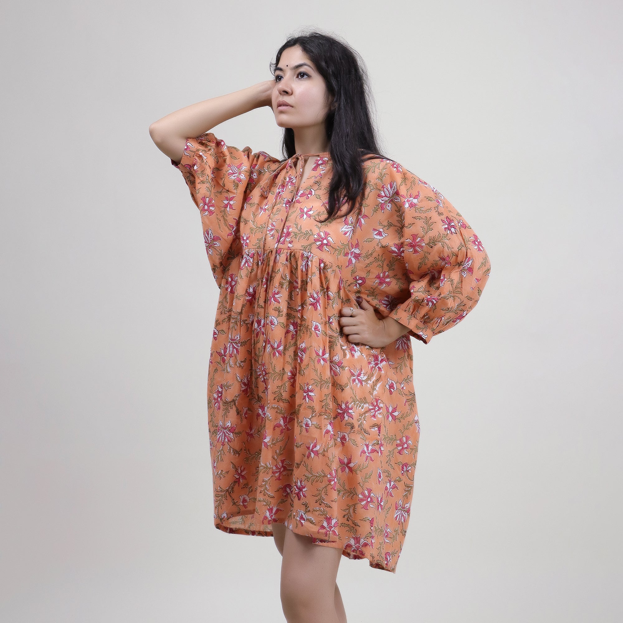 Pure Cotton Floral Block Print Midi Dress for Women — Artisan