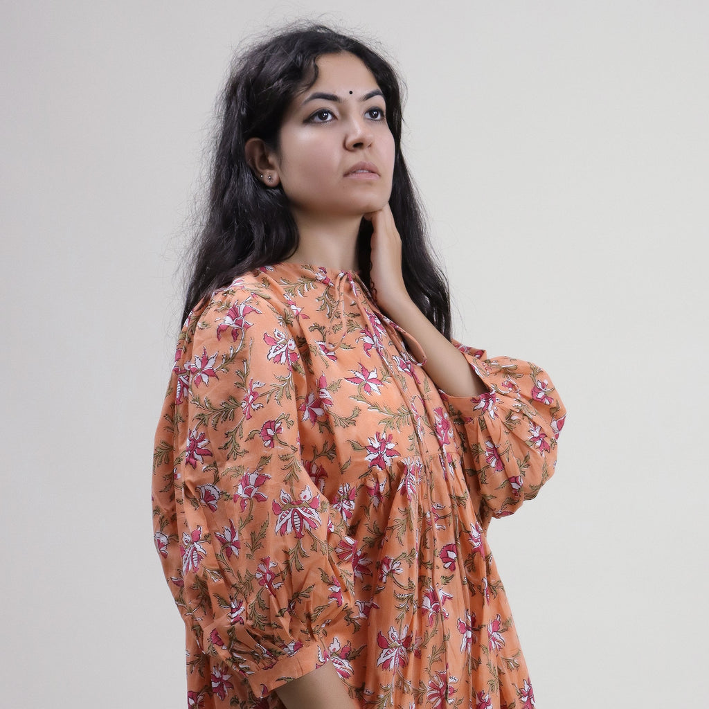Pure Cotton Floral Block Print Midi Dress for Women — Artisan - gallery