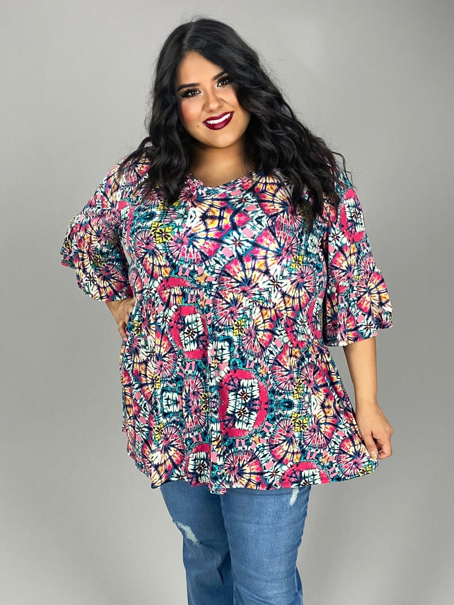 Dreams of Color Fuchsia Mint Printed Babydoll Top for Women - gallery