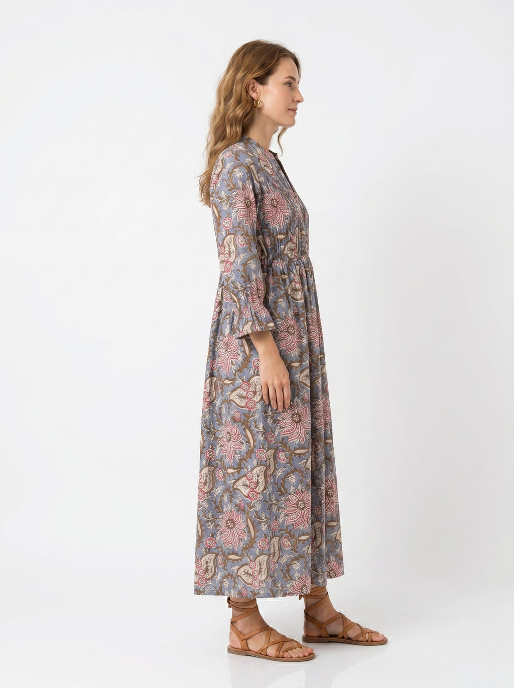 Grey Floral Cotton Maxi Dress for Women — Full Sleeves Flowing - gallery