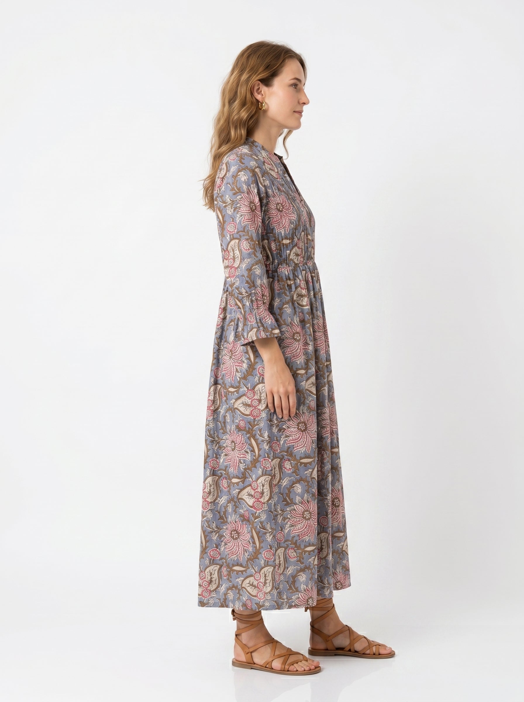 Grey Floral Cotton Maxi Dress for Women — Full Sleeves Flowing - gallery