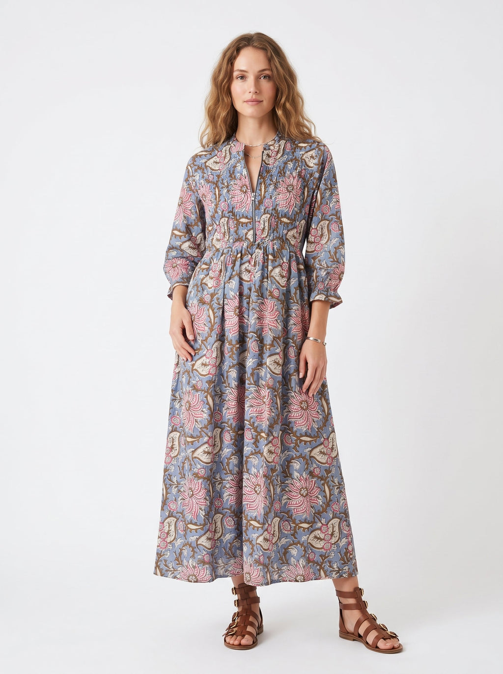 Grey Floral Cotton Maxi Dress for Women — Full Sleeves Flowing