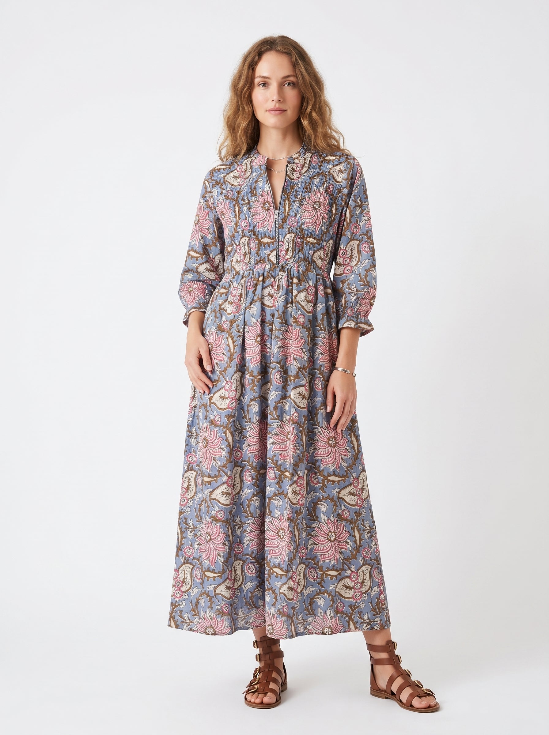 Grey Floral Cotton Maxi Dress for Women — Full Sleeves Flowing