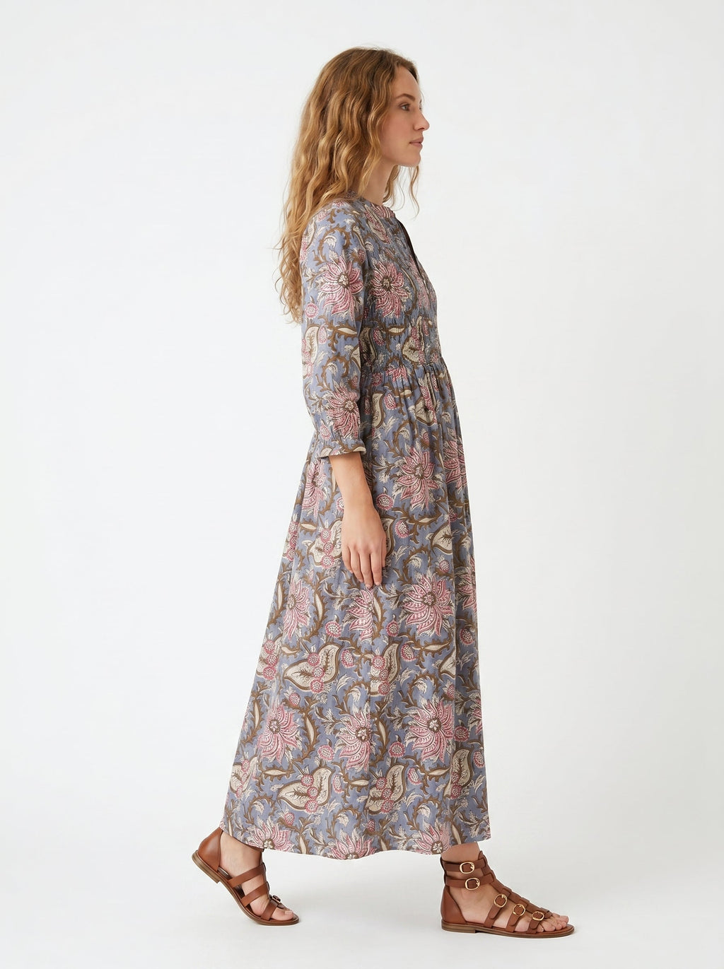 Grey Floral Cotton Maxi Dress for Women — Full Sleeves Flowing - gallery