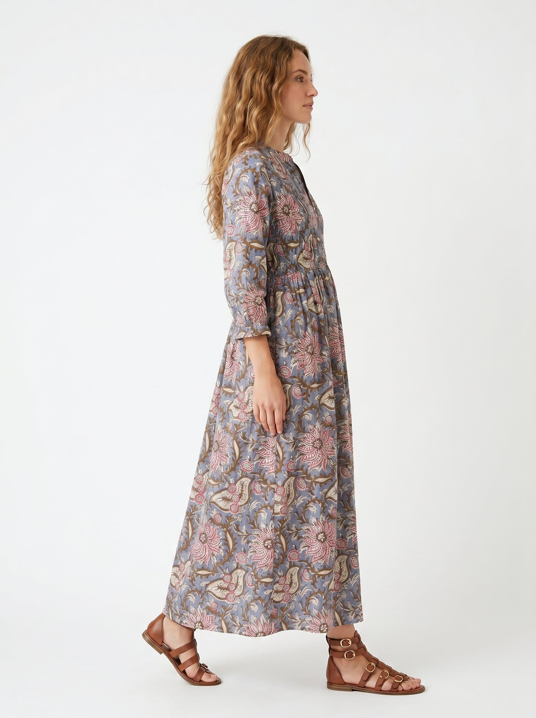 Grey Floral Cotton Maxi Dress for Women — Full Sleeves Flowing - gallery