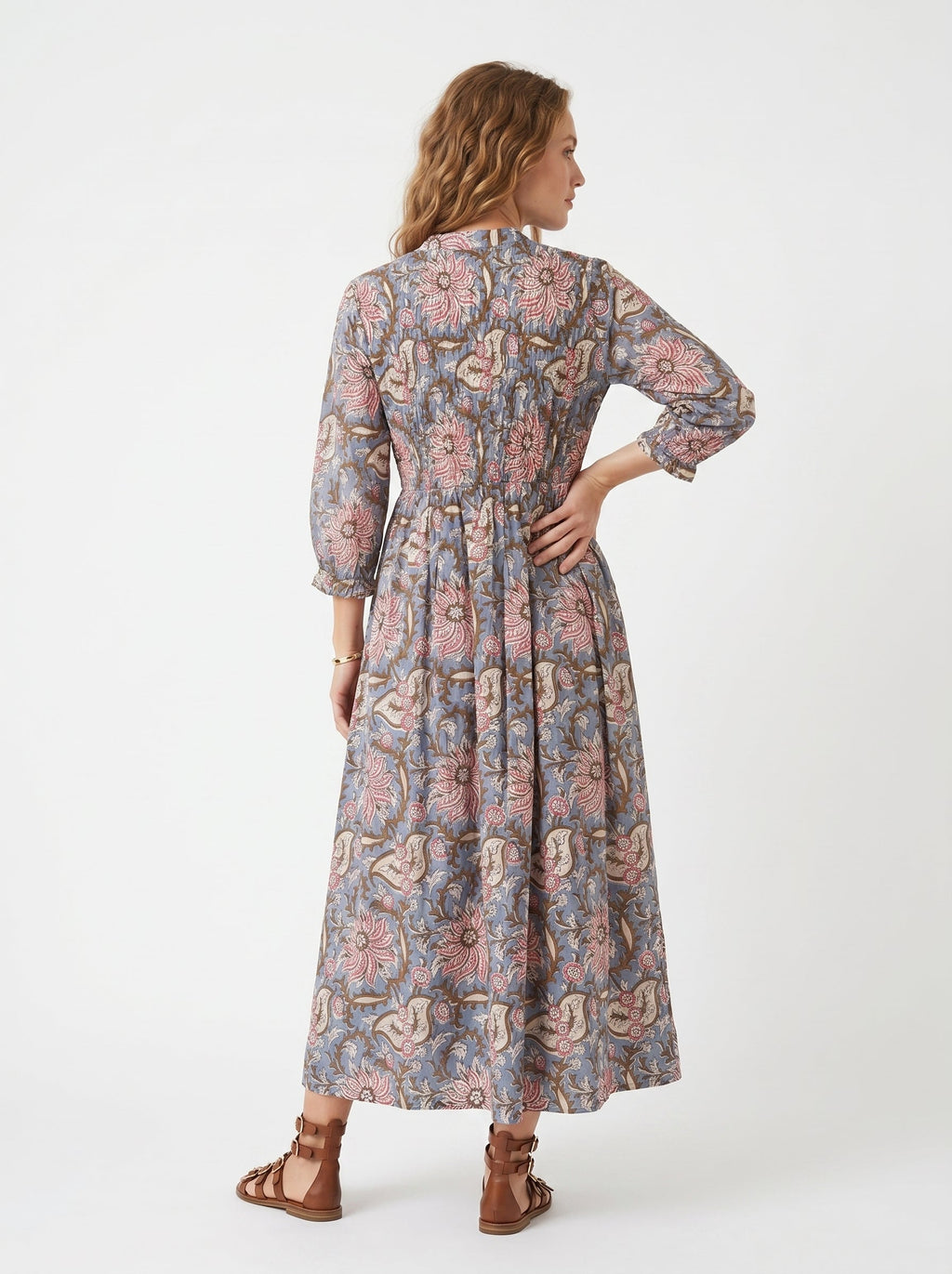 Grey Floral Cotton Maxi Dress for Women — Full Sleeves Flowing - gallery