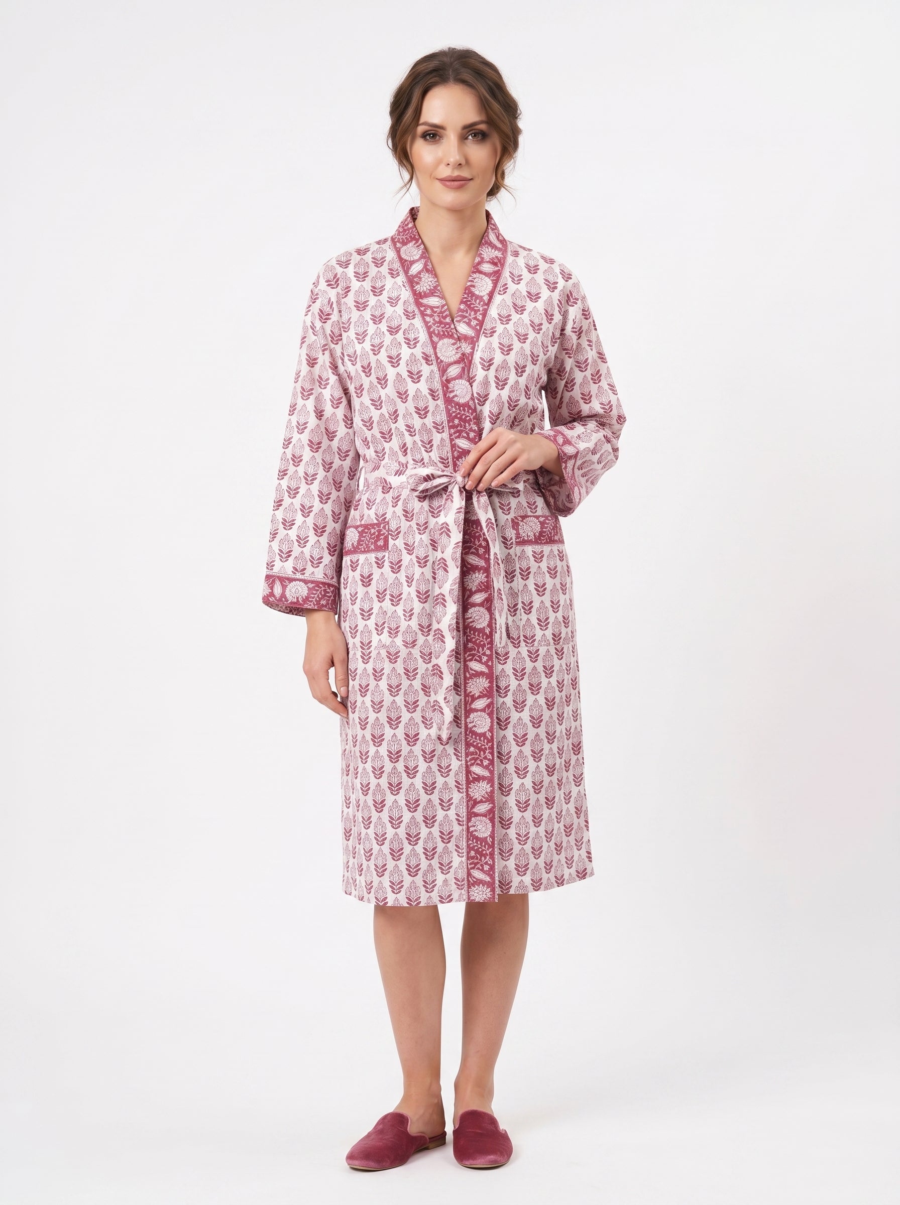 Blush Pink Mini Floral Handblock Waffle Bathrobe for Women