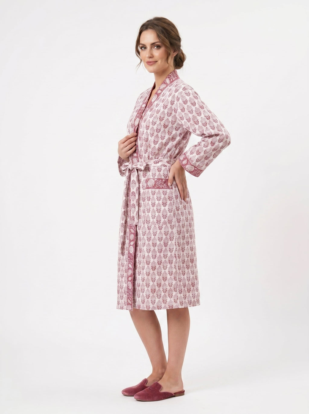 Blush Pink Mini Floral Handblock Waffle Bathrobe for Women - gallery