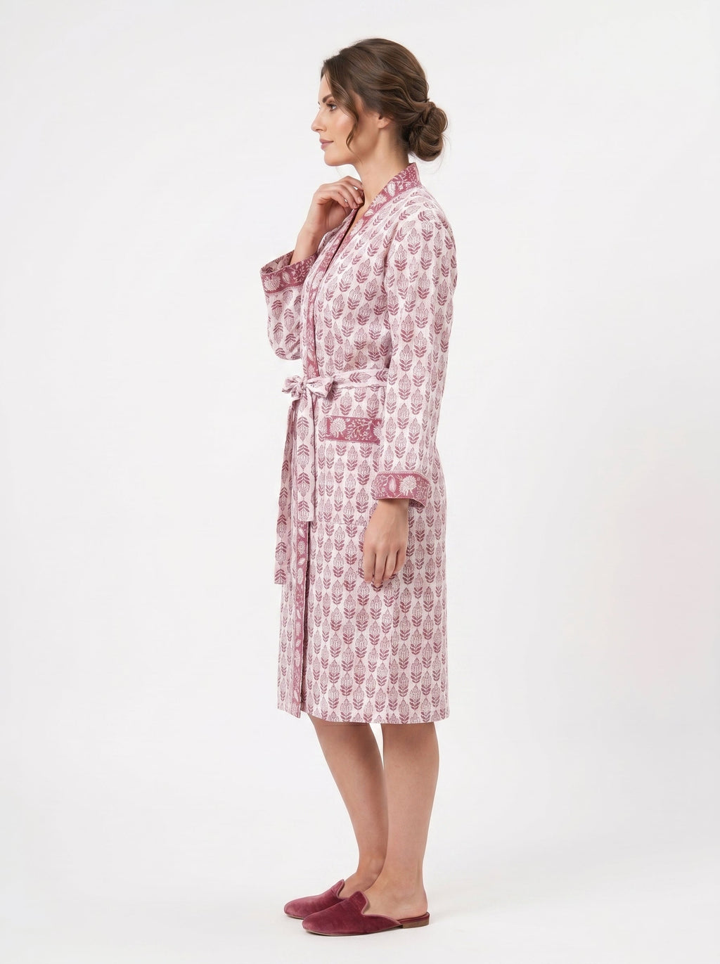 Blush Pink Mini Floral Handblock Waffle Bathrobe for Women - gallery