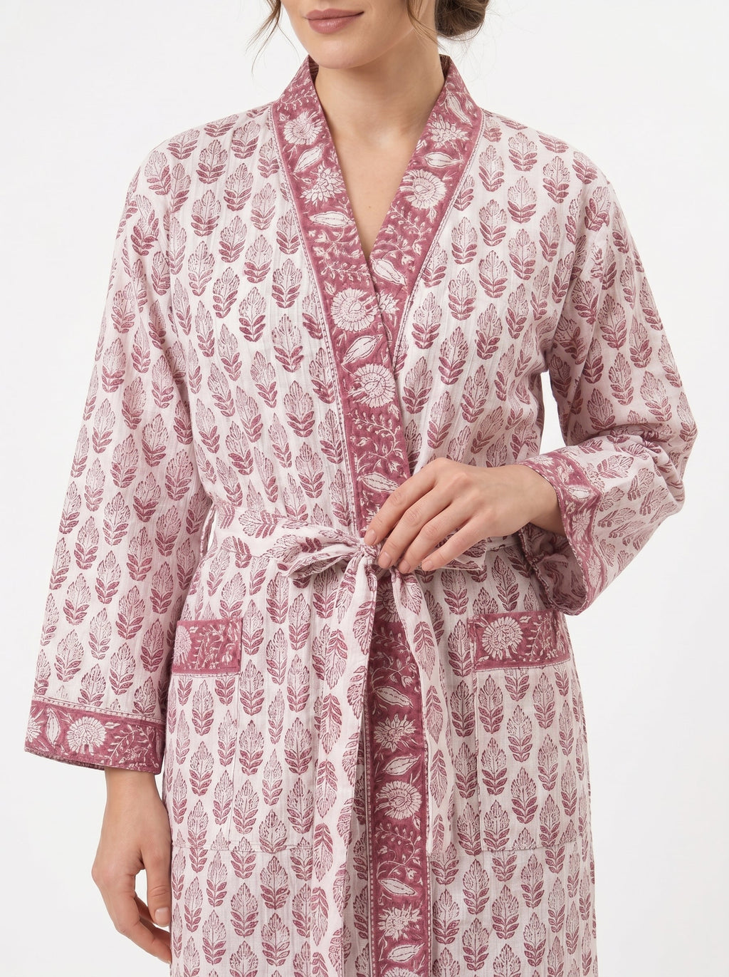 Blush Pink Mini Floral Handblock Waffle Bathrobe for Women - gallery
