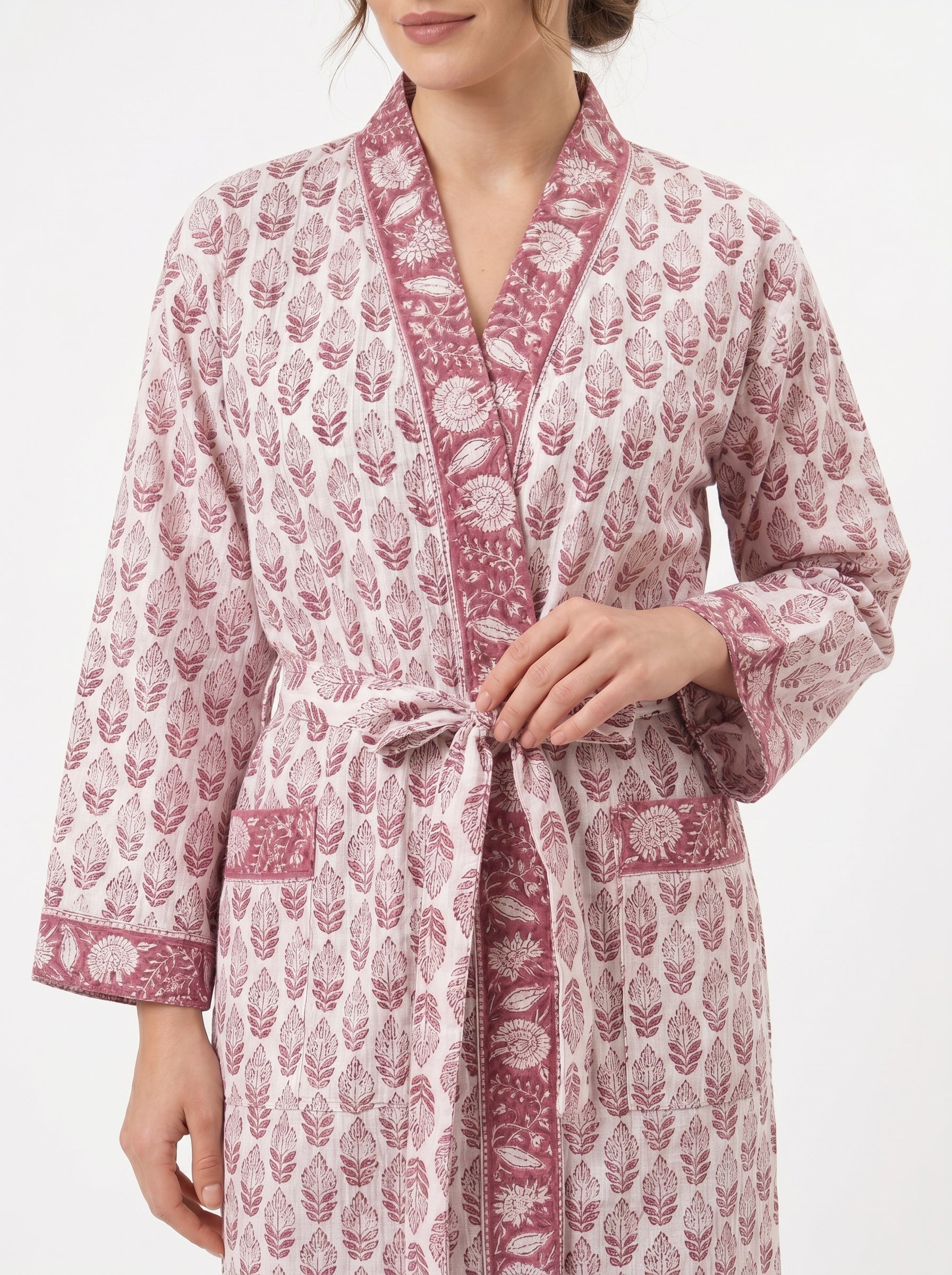Blush Pink Mini Floral Handblock Waffle Bathrobe for Women - gallery