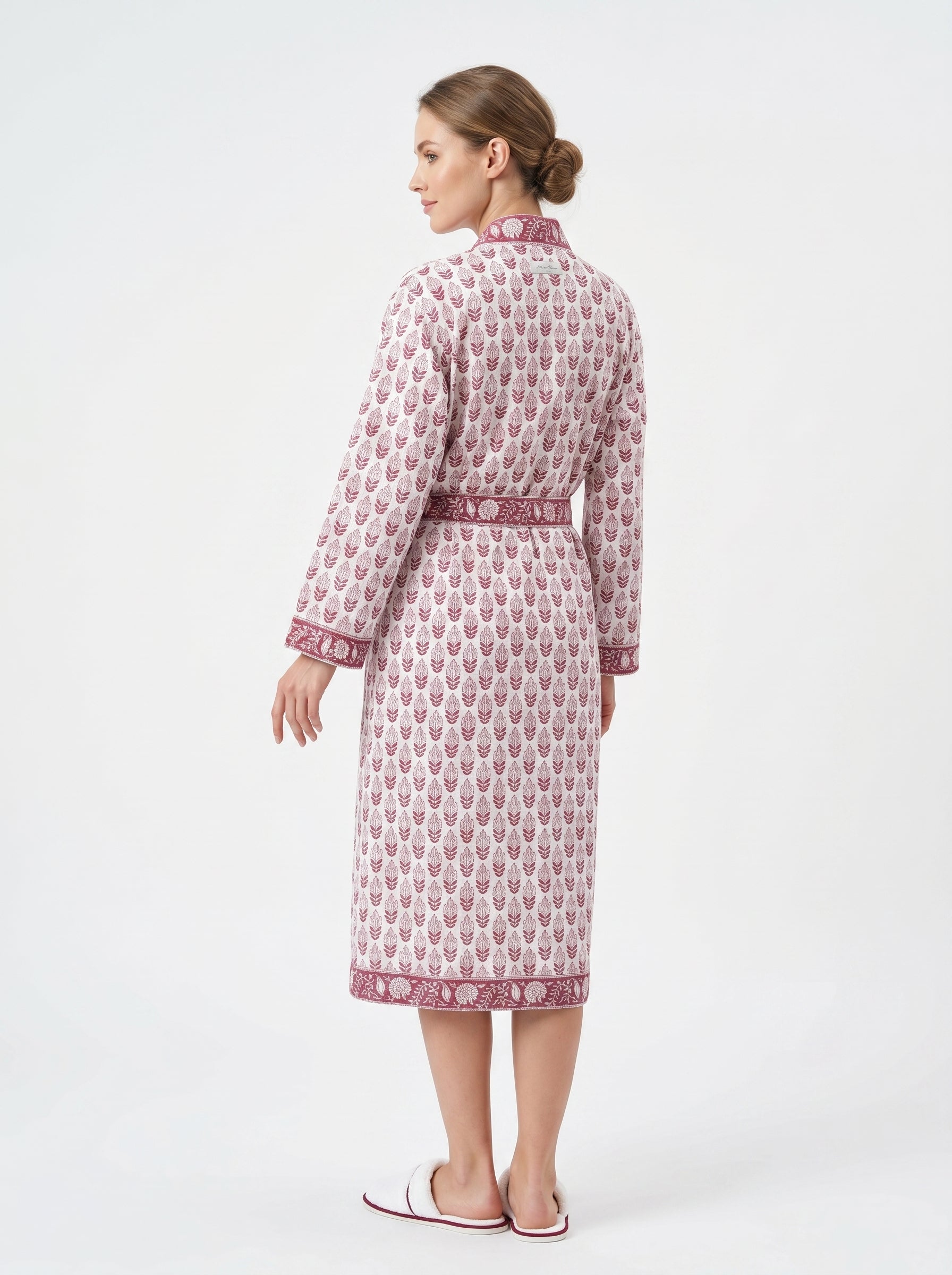 Blush Pink Mini Floral Handblock Waffle Bathrobe for Women - gallery