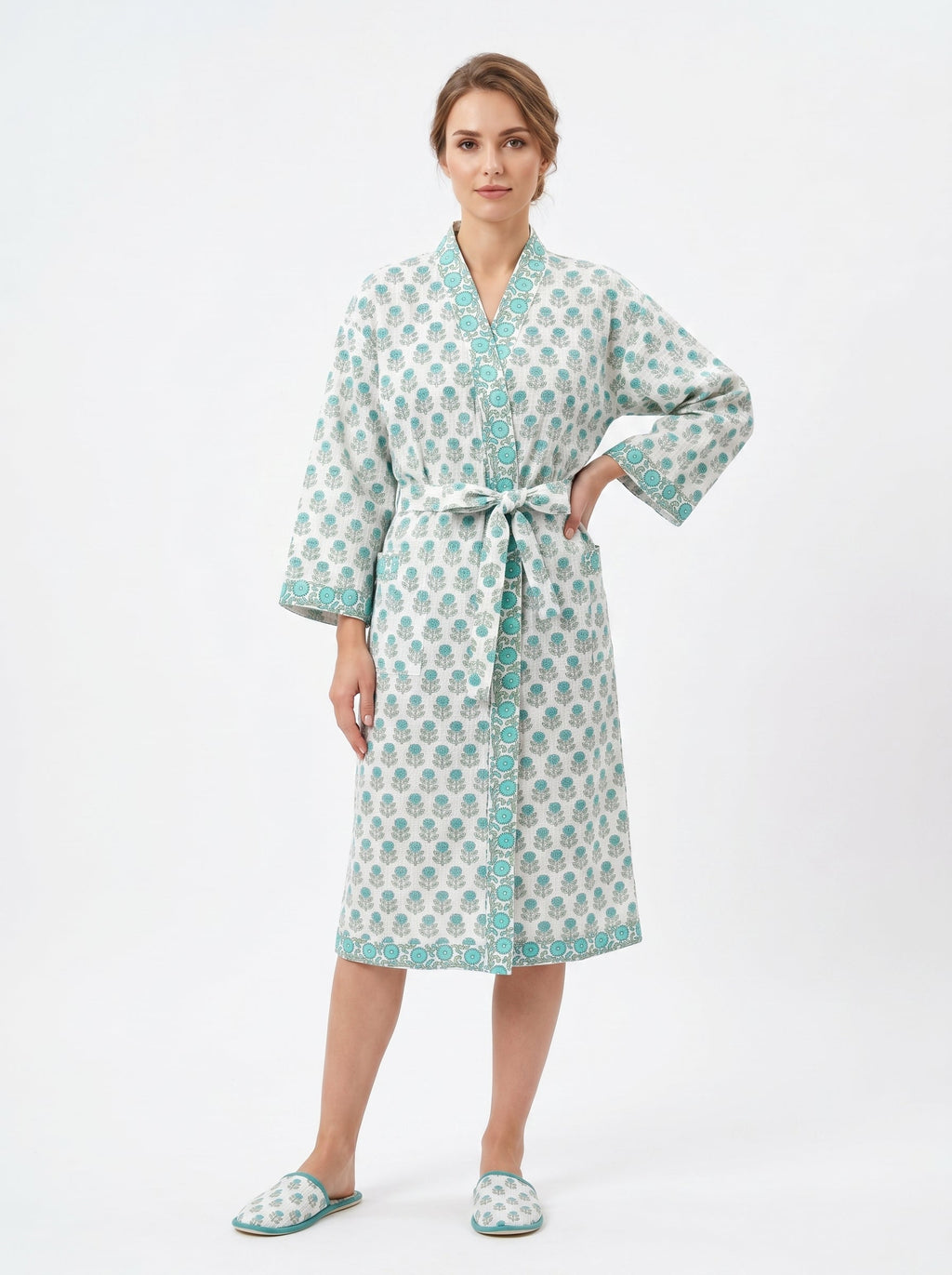 Teal Blue Mini Floral Waffle Bathrobe for Women — Handwoven Cotton - gallery