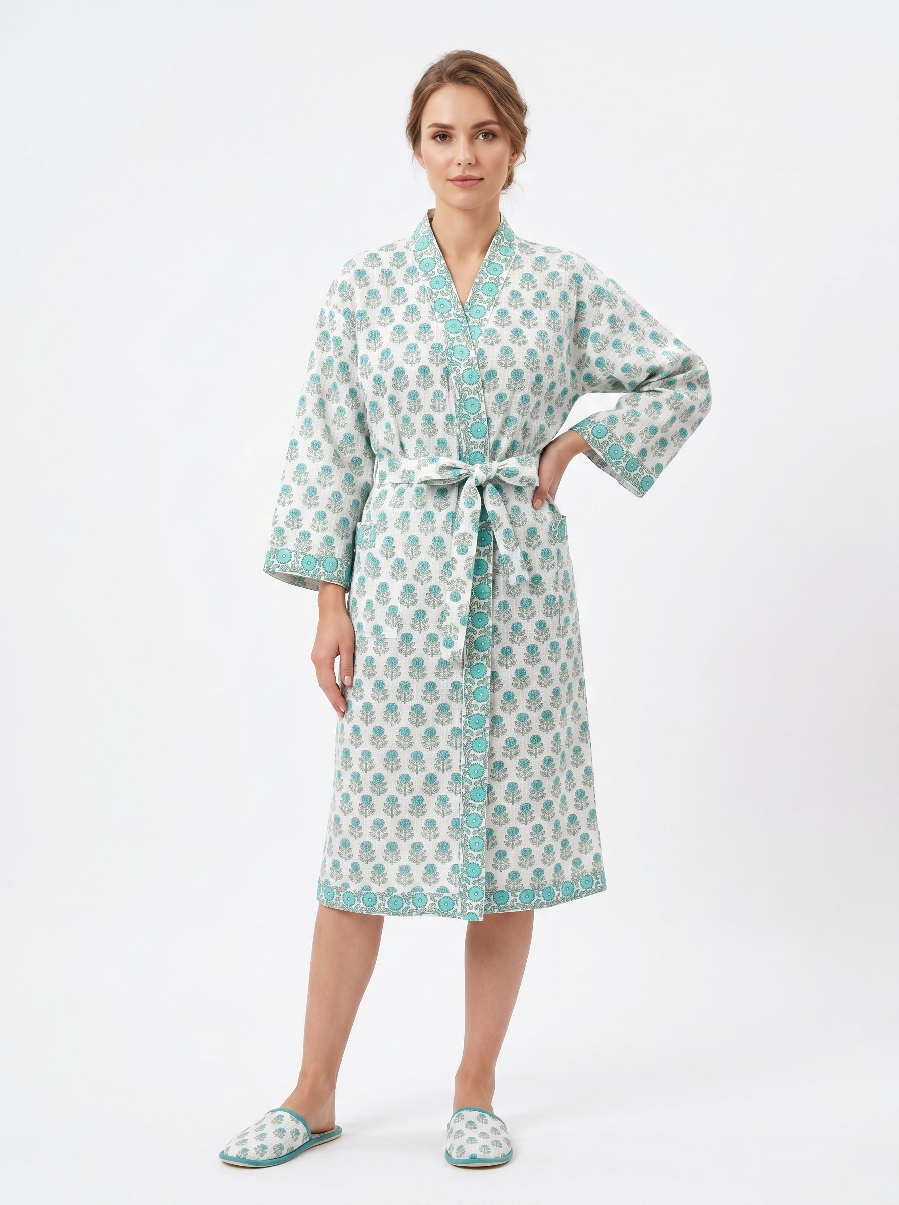 Teal Blue Mini Floral Waffle Bathrobe for Women — Handwoven Cotton - gallery