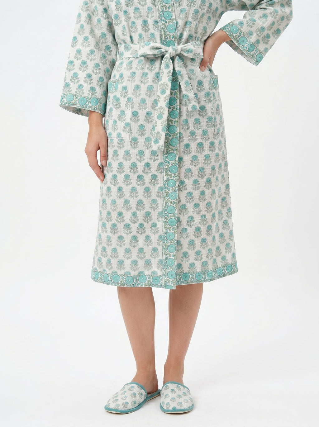 Teal Blue Mini Floral Waffle Bathrobe for Women — Handwoven Cotton - gallery