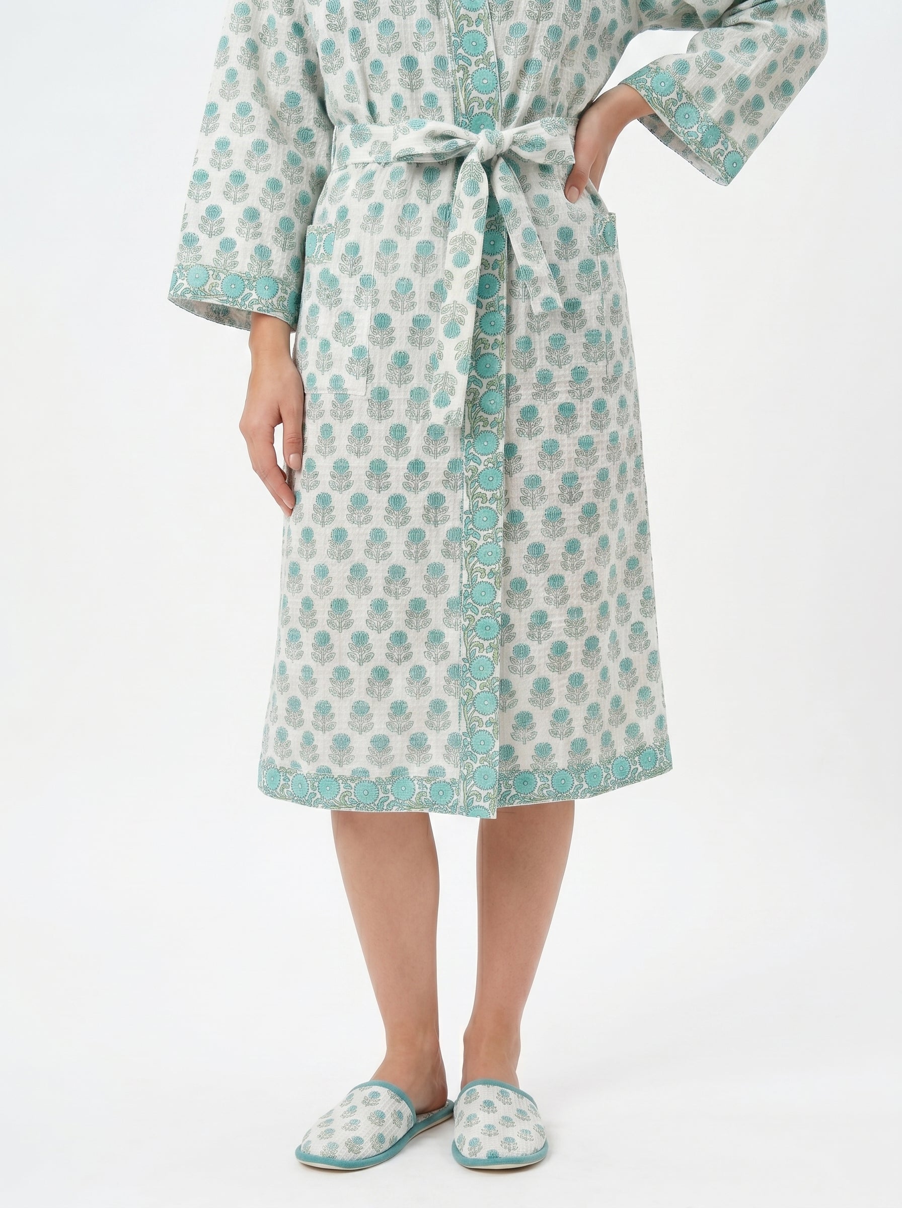 Teal Blue Mini Floral Waffle Bathrobe for Women — Handwoven Cotton - gallery
