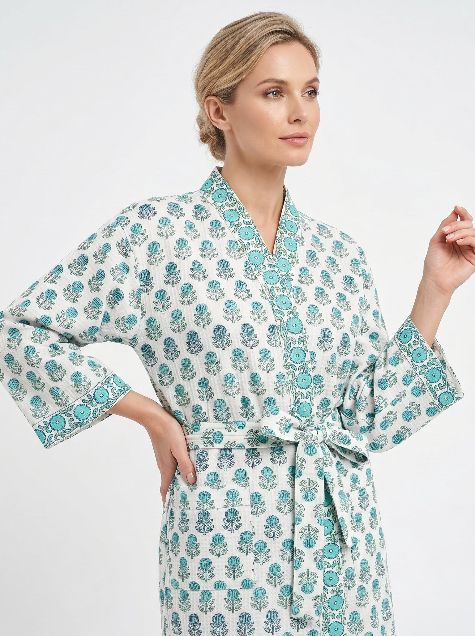Teal Blue Mini Floral Waffle Bathrobe for Women — Handwoven Cotton