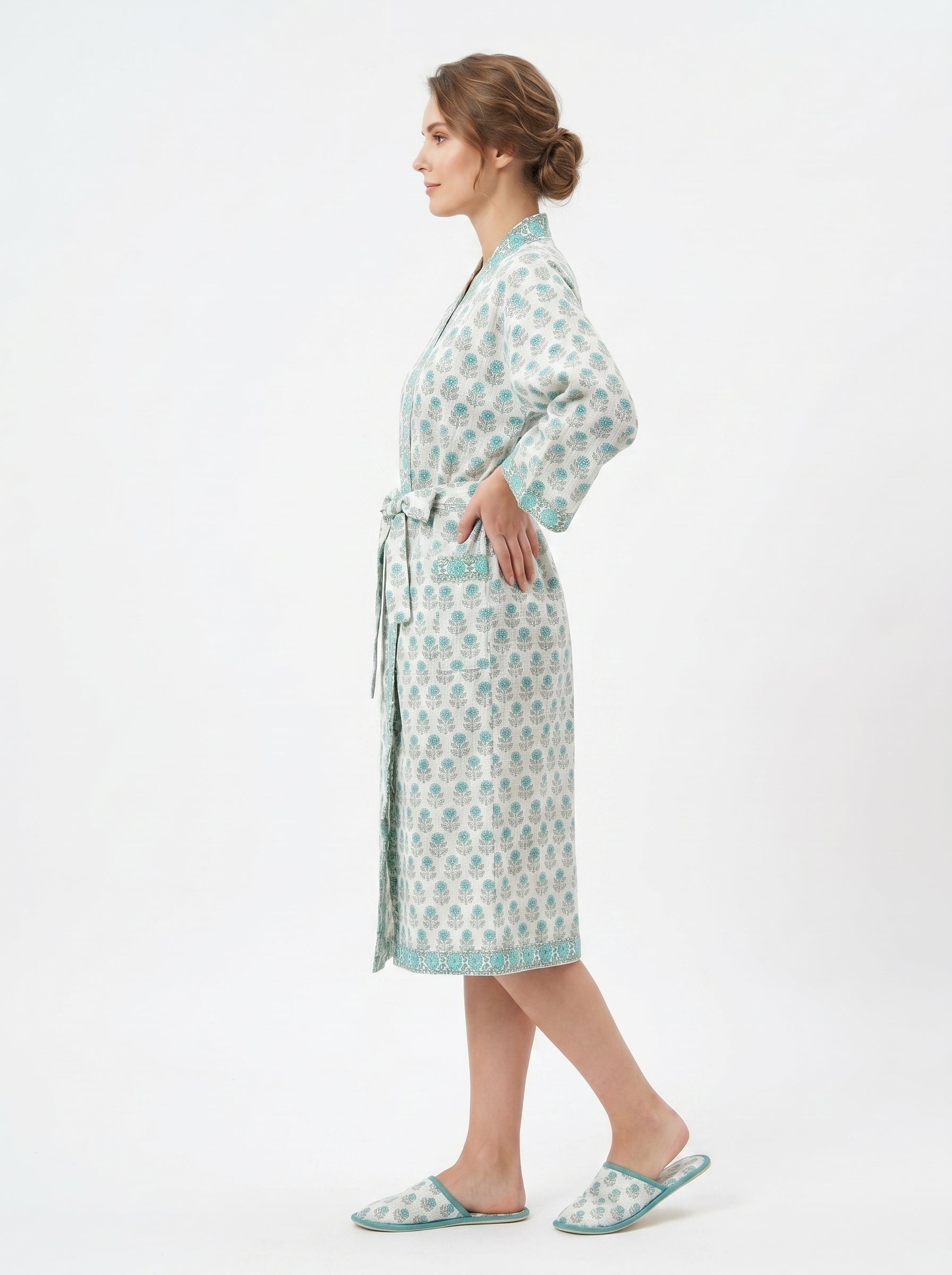 Teal Blue Mini Floral Waffle Bathrobe for Women — Handwoven Cotton - gallery