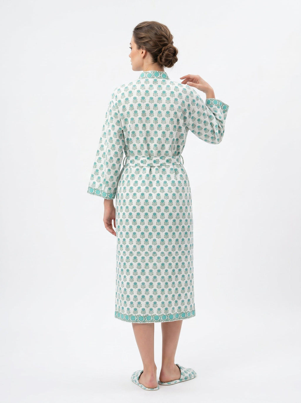 Teal Blue Mini Floral Waffle Bathrobe for Women — Handwoven Cotton - gallery