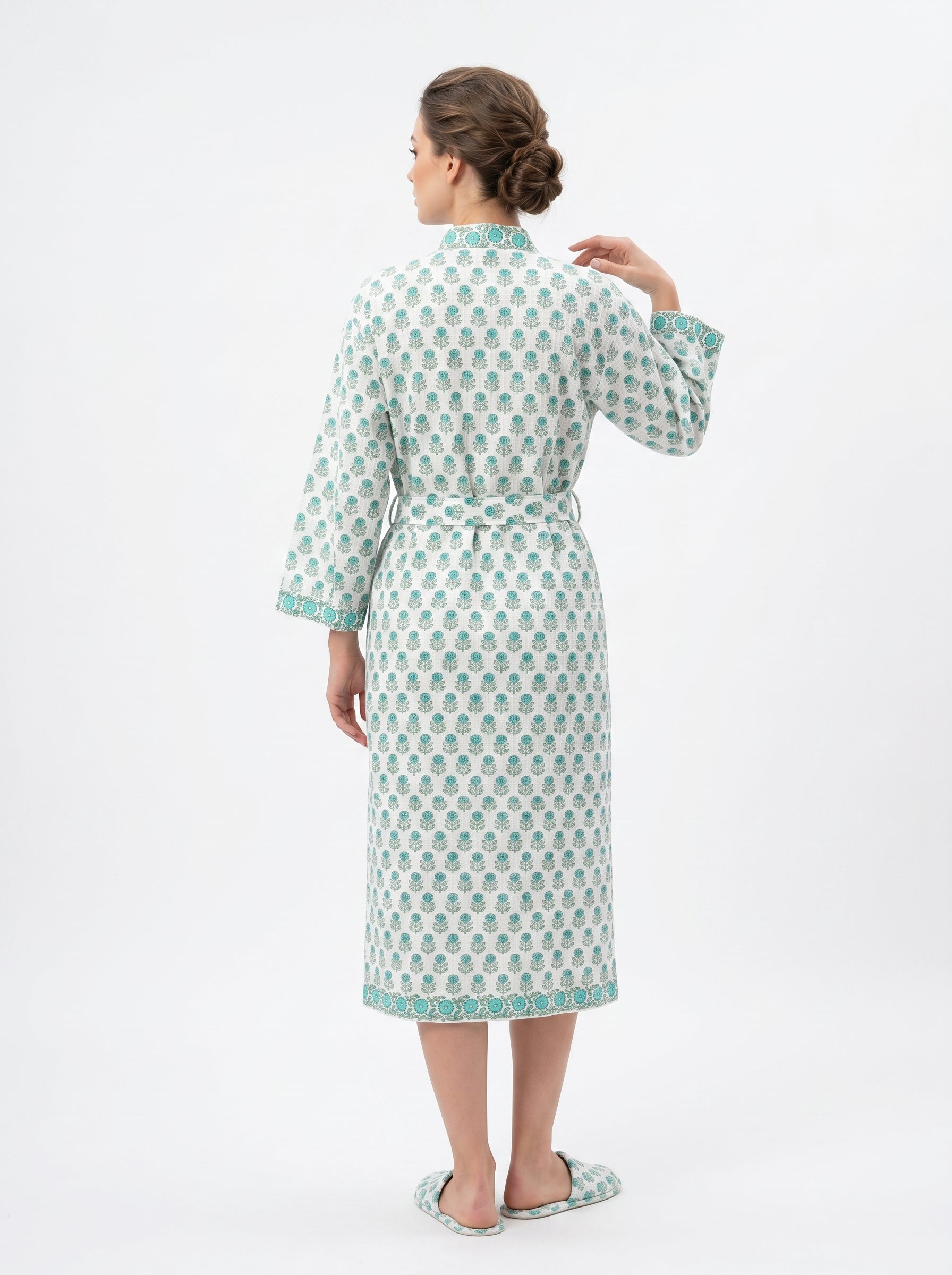 Teal Blue Mini Floral Waffle Bathrobe for Women — Handwoven Cotton - gallery