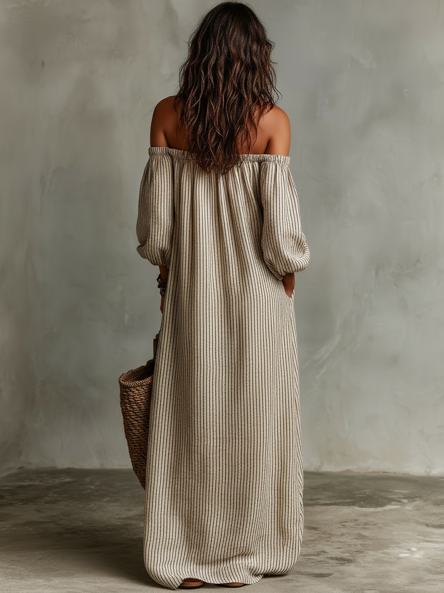 Loose Cotton-Linen Off-Shoulder Long Sleeve Maxi Dress for Women - gallery