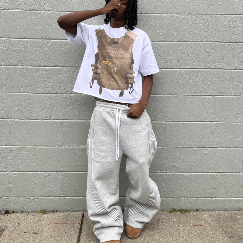 White Stripes Patchwork Baggy Sweatpants Gray Trousers for Women - gallery
