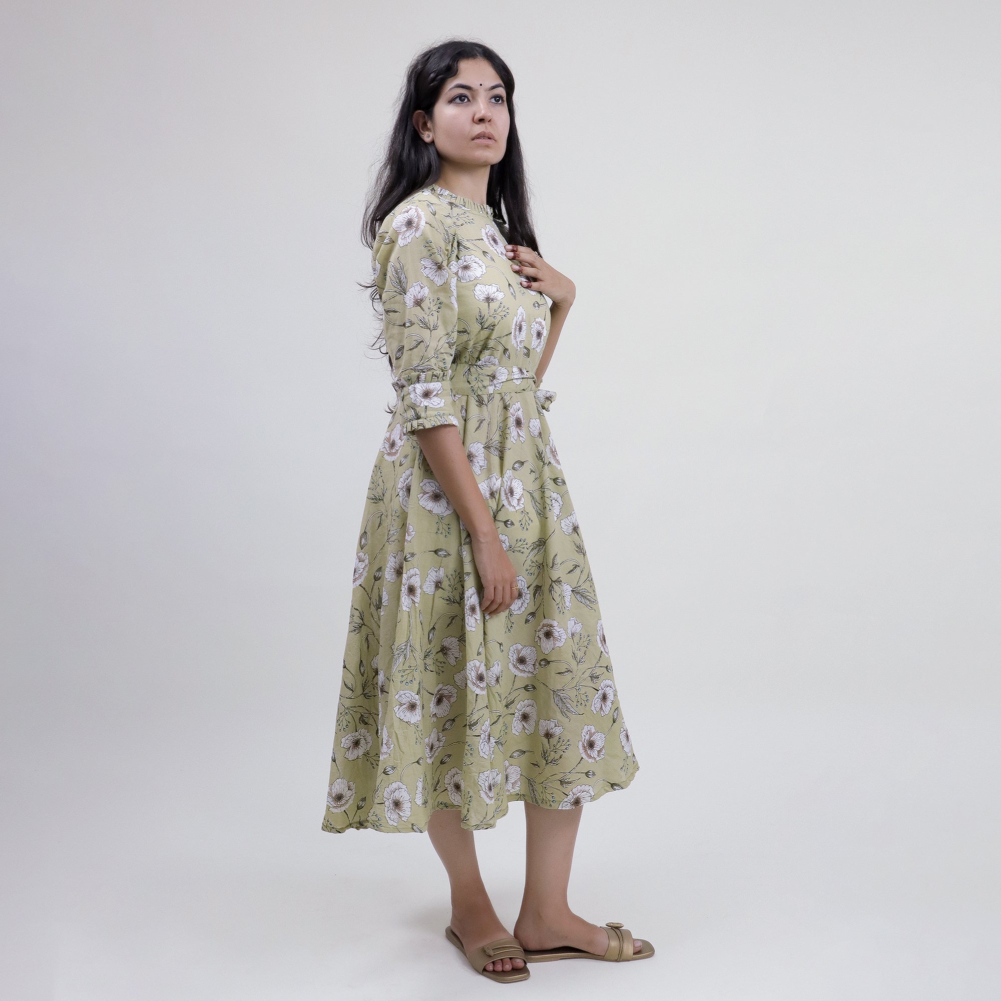 Green Floral Hand Printed Cotton Casual Midi Dress for Women
