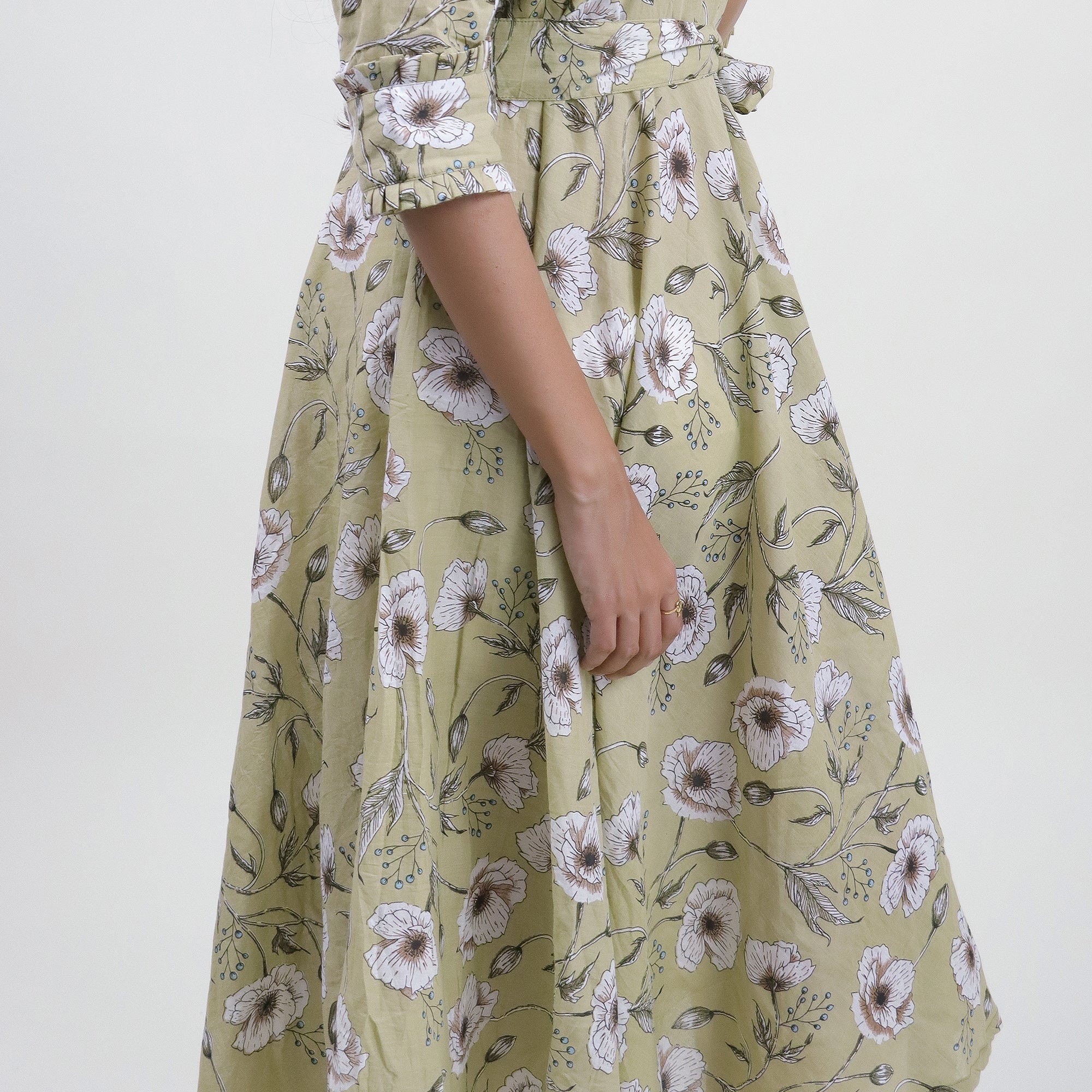 Green Floral Hand Printed Cotton Casual Midi Dress for Women - gallery