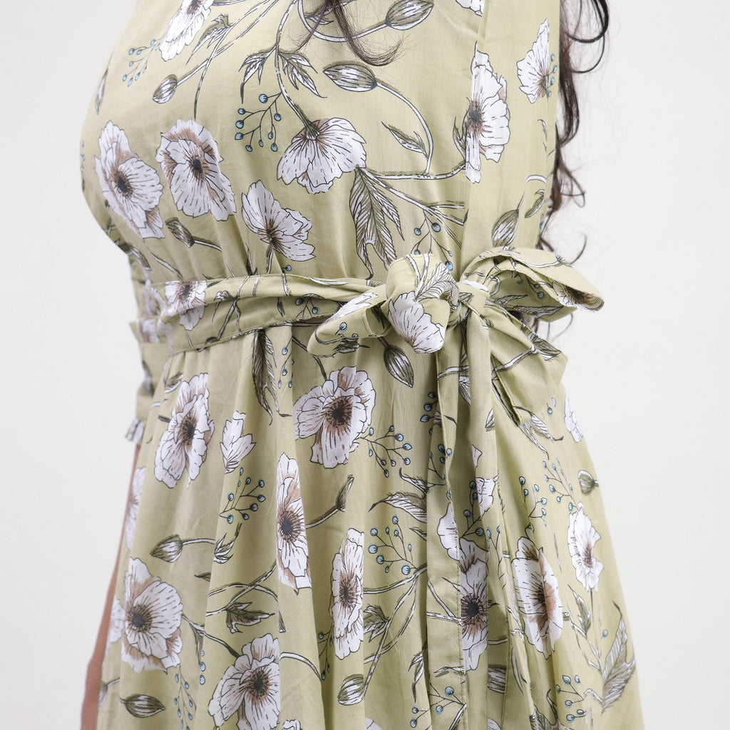 Green Floral Hand Printed Cotton Casual Midi Dress for Women - gallery
