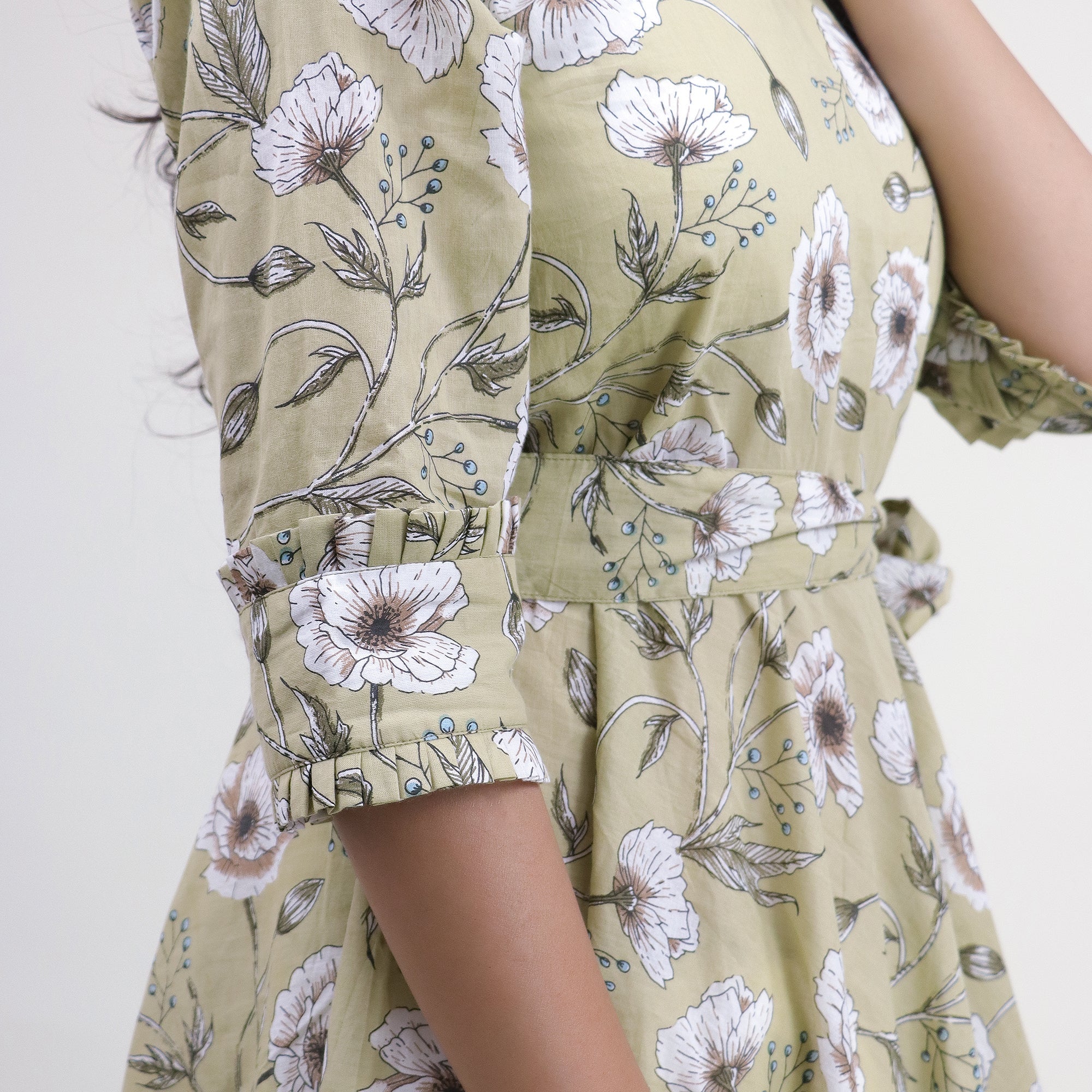 Green Floral Hand Printed Cotton Casual Midi Dress for Women - gallery