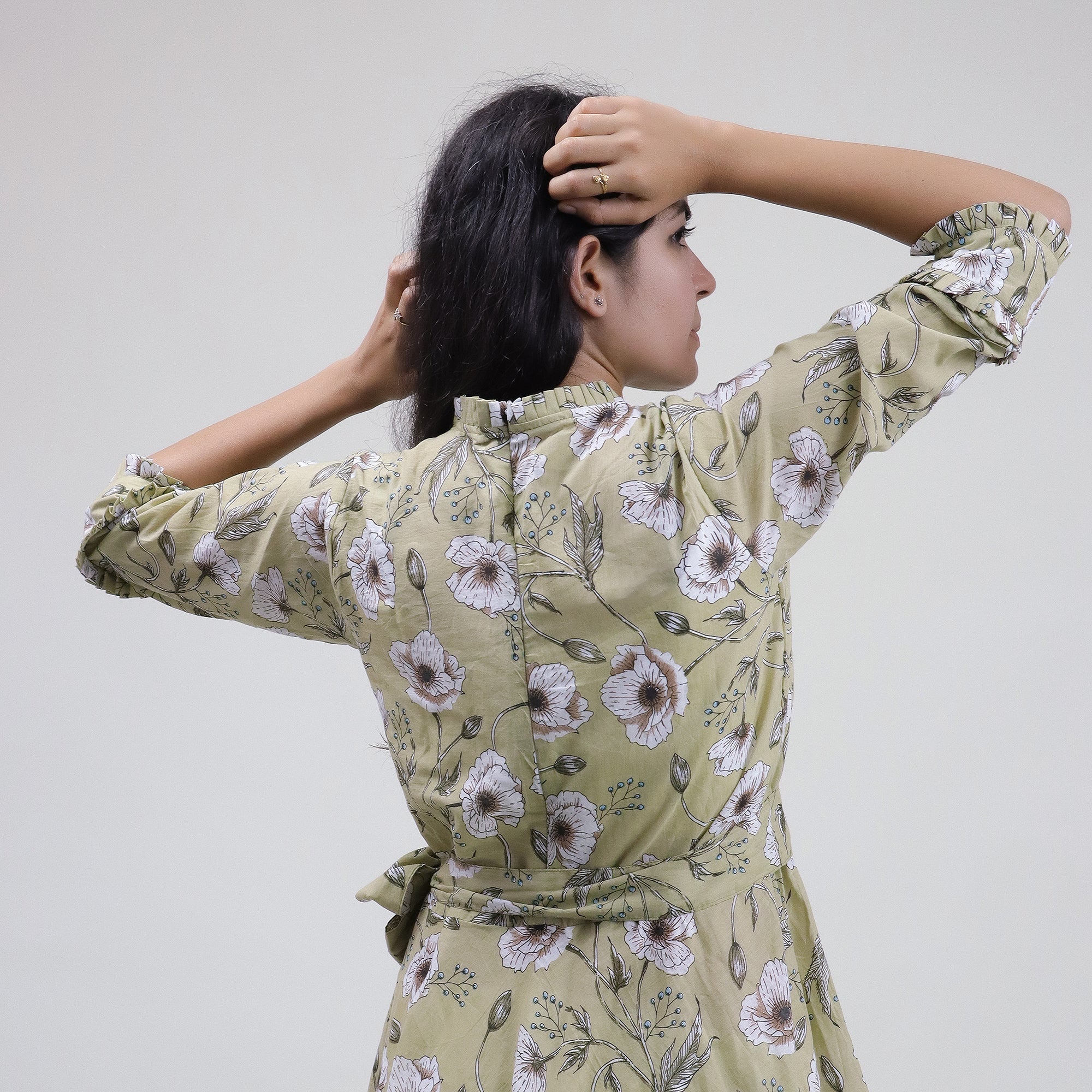 Green Floral Hand Printed Cotton Casual Midi Dress for Women - gallery
