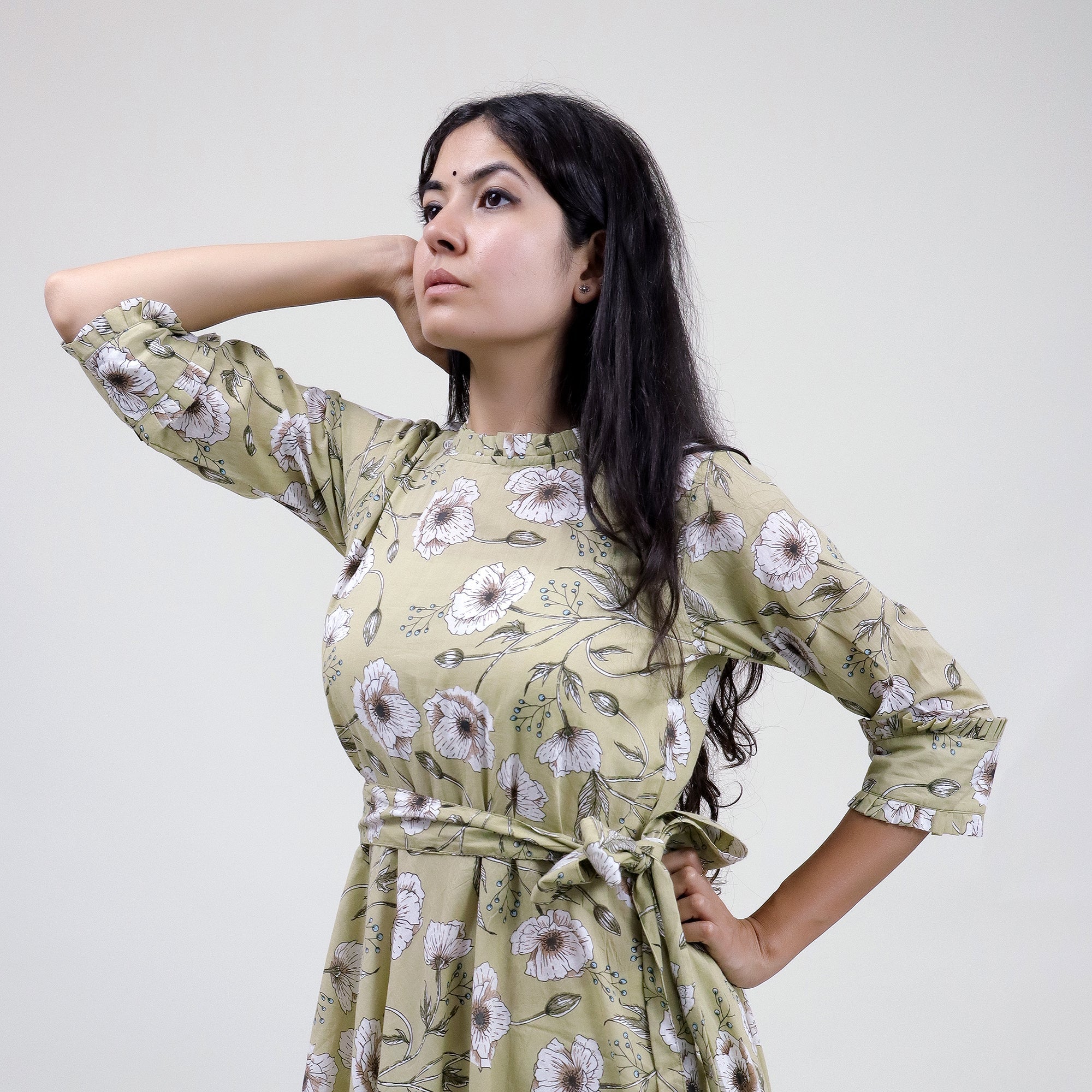 Green Floral Hand Printed Cotton Casual Midi Dress for Women - gallery