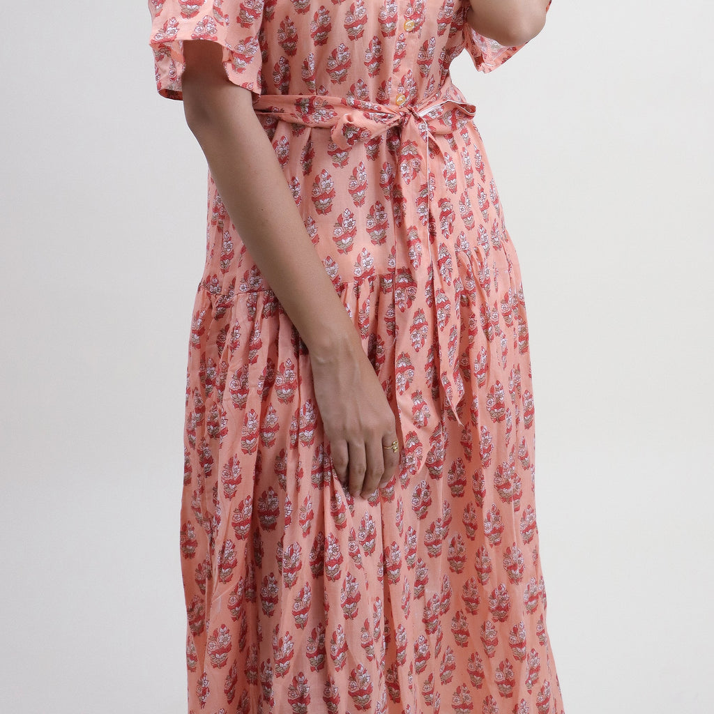 Floral Hand Printed Cotton Casual Midi Dress for Women - gallery