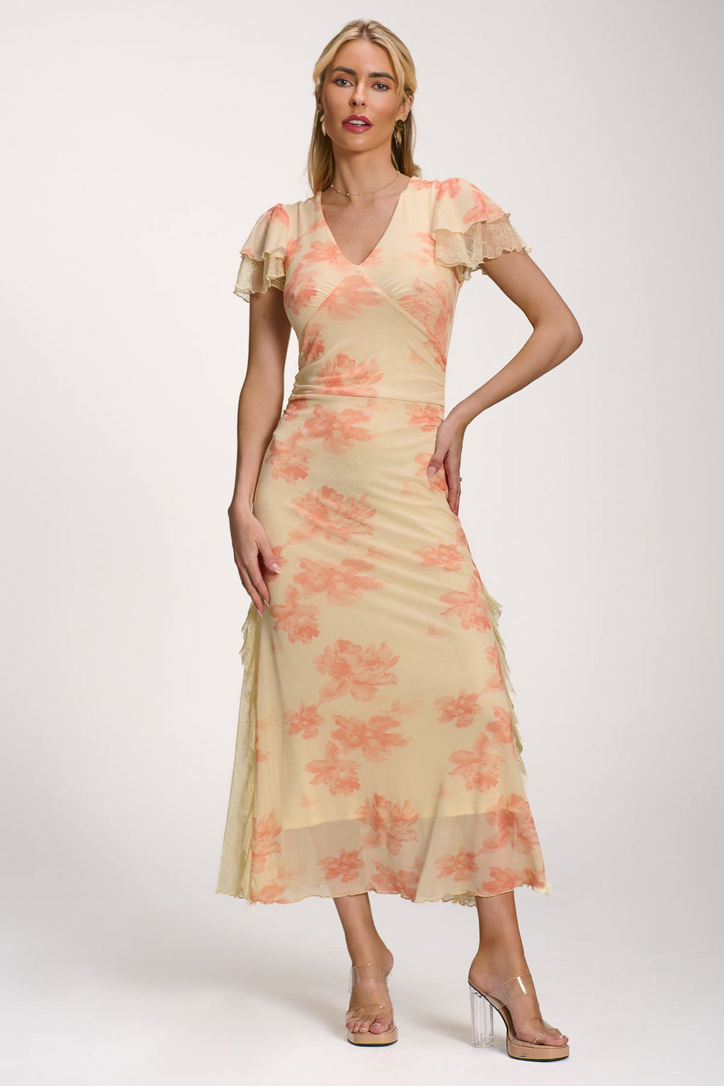 Lace Insert Mesh Midi Dress, Orange Abstract for Women