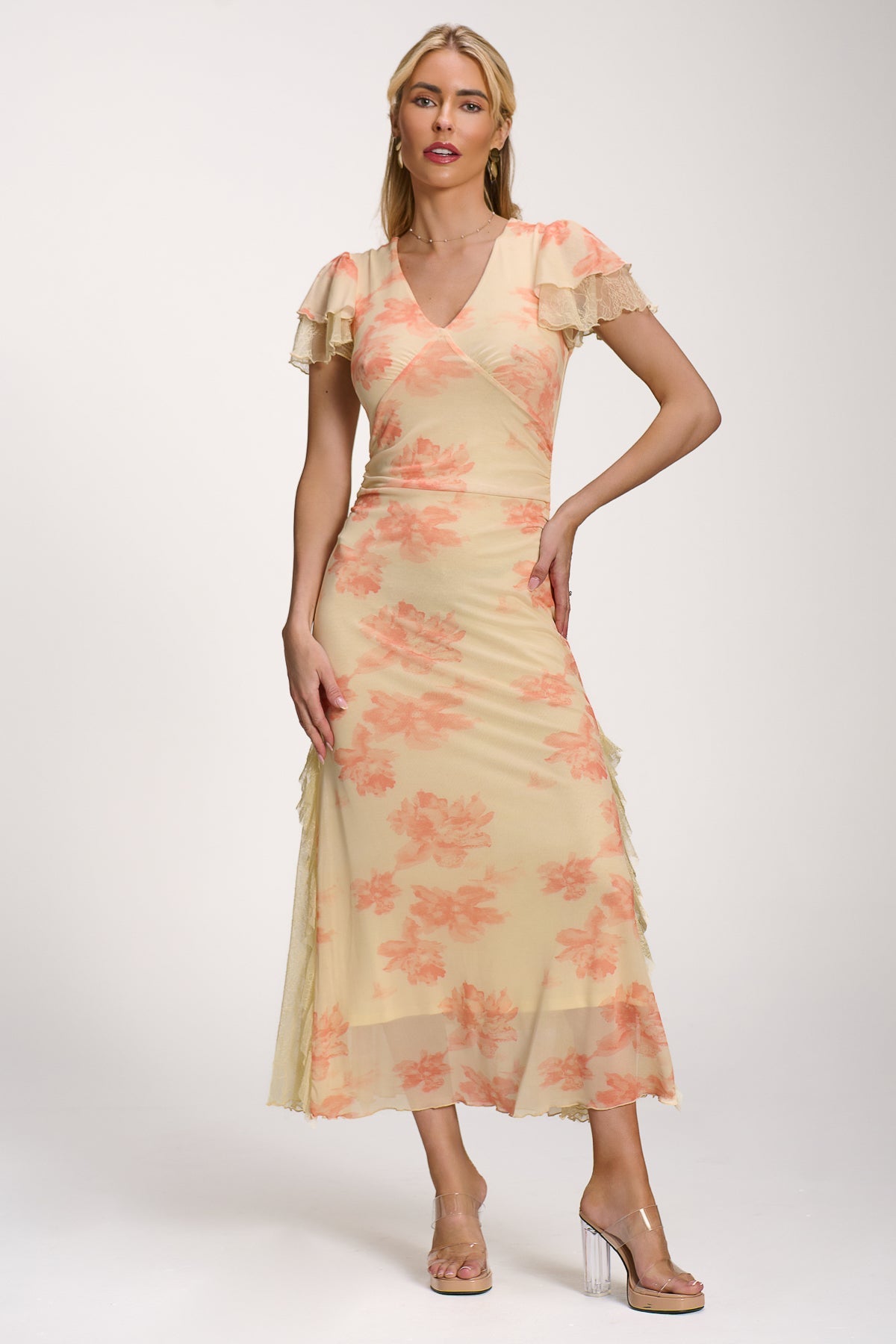 Lace Insert Mesh Midi Dress, Orange Abstract for Women